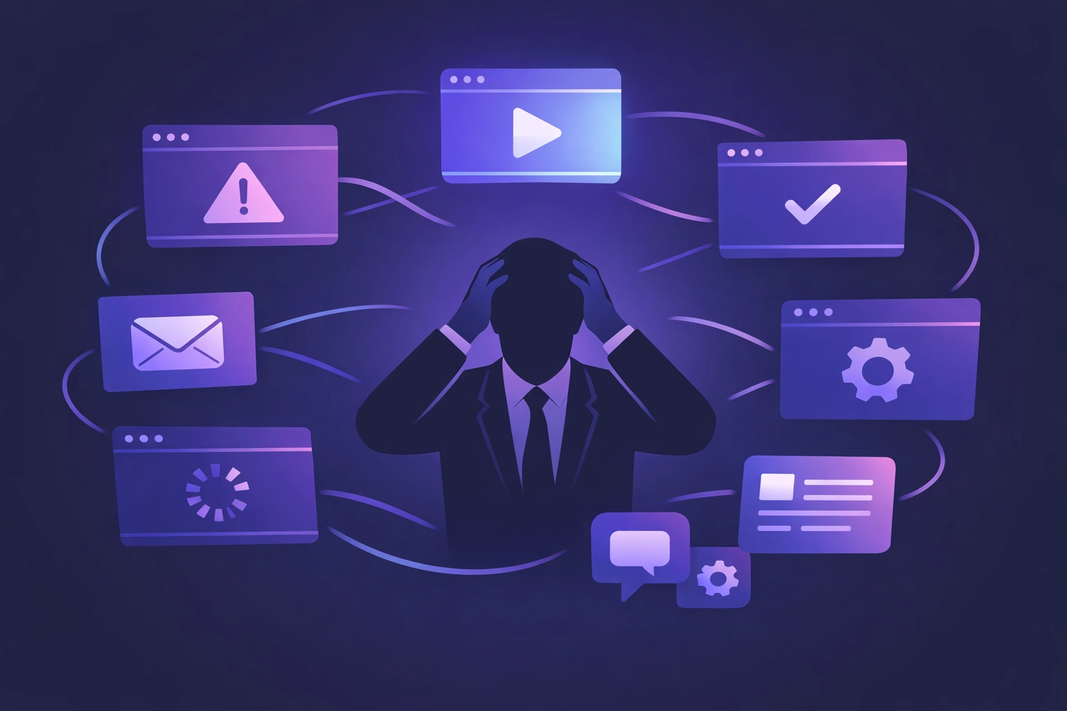 Professional overwhelmed by multiple browser tabs and scattered apps illustrating tool overload problem