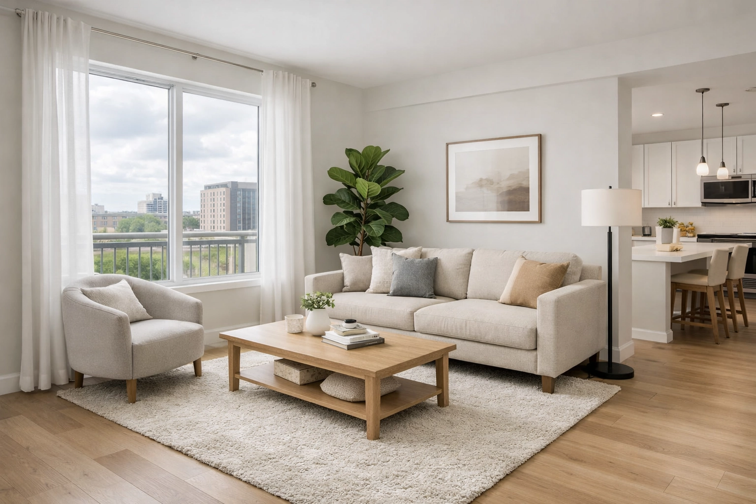 Sunlit Indianapolis apartment living room with modern furniture, ideal for long-term tenants.