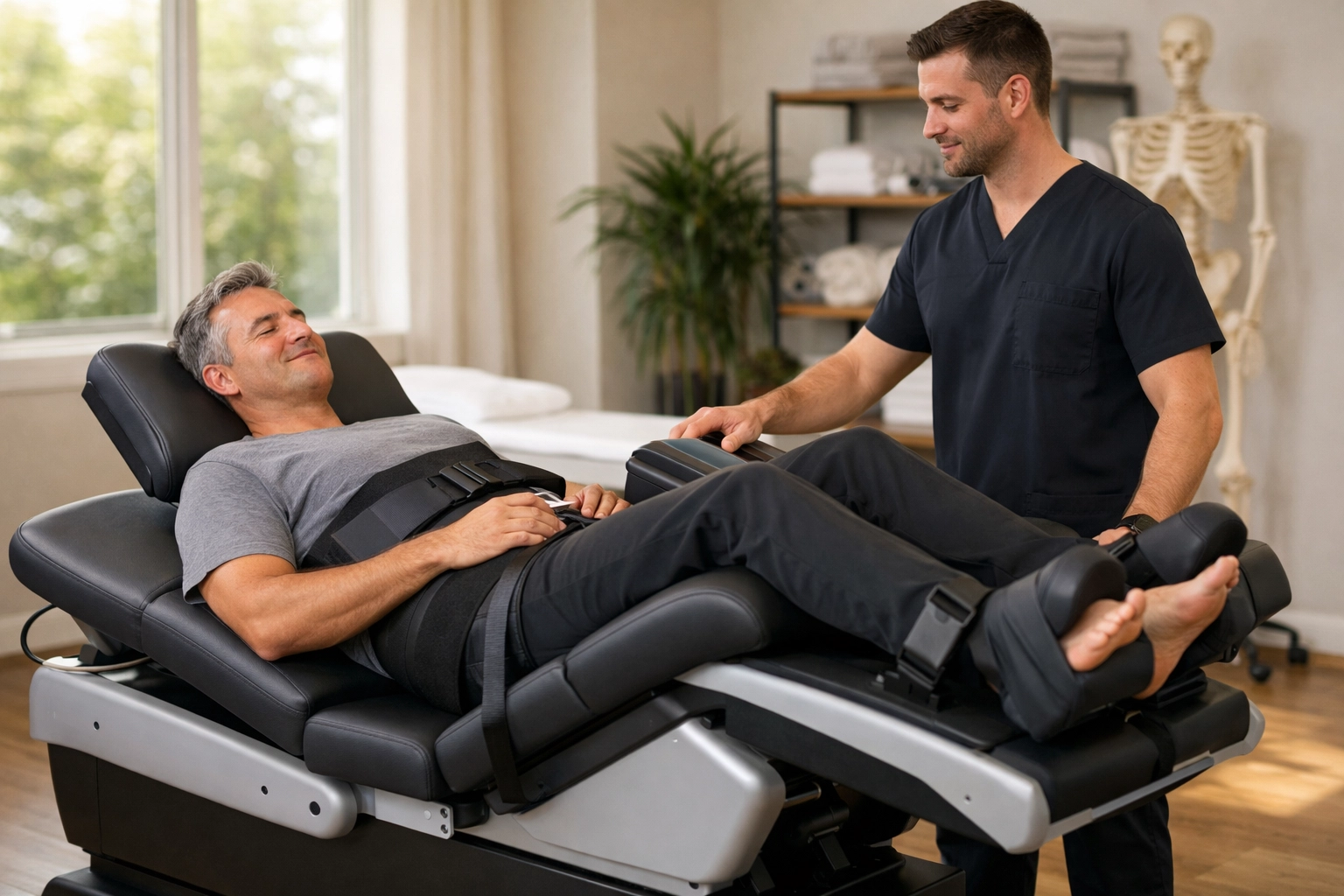 Patient receiving non-surgical spinal decompression therapy for back pain at Maana Health Kochi