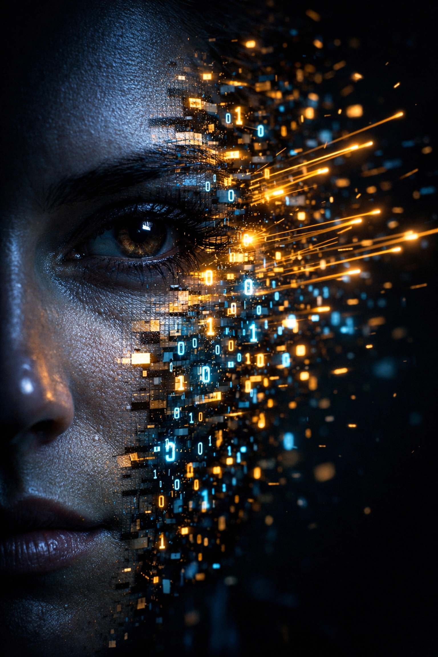 AI deepfake representation of a human face dissolving into digital code and cyber attack binary.