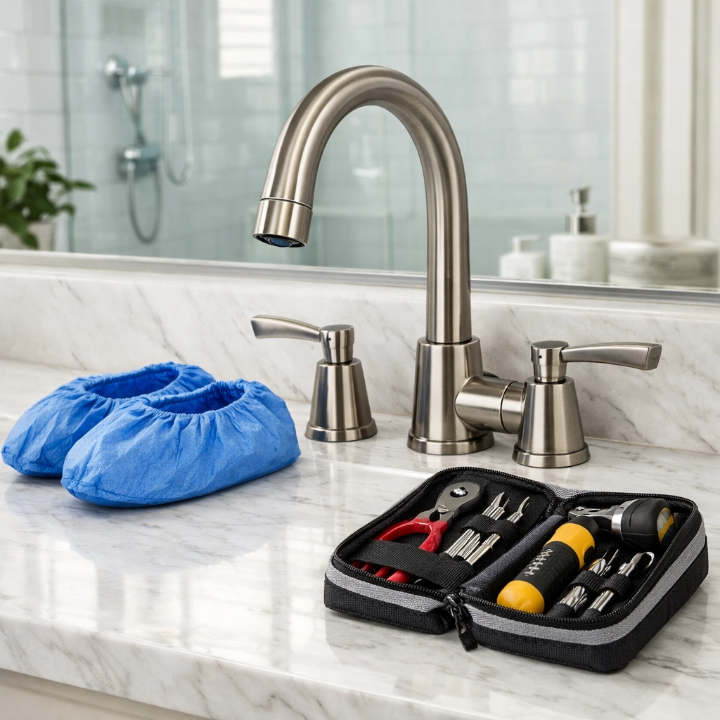 Modern bathroom faucet upgrade by a residential plumber showing professional tools and protective floor booties.