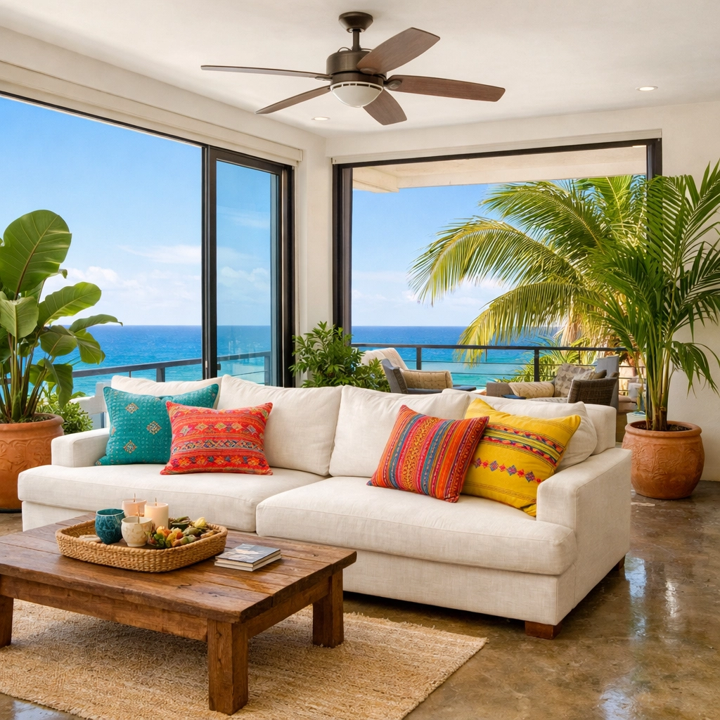 Spacious Puerto Vallarta condo living room with ocean views and tropical decor