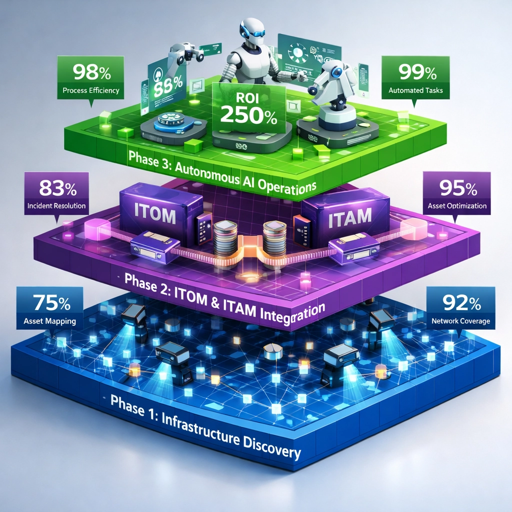 Three-phase ServiceNow ITOM implementation roadmap from foundation to strategic scaling automation