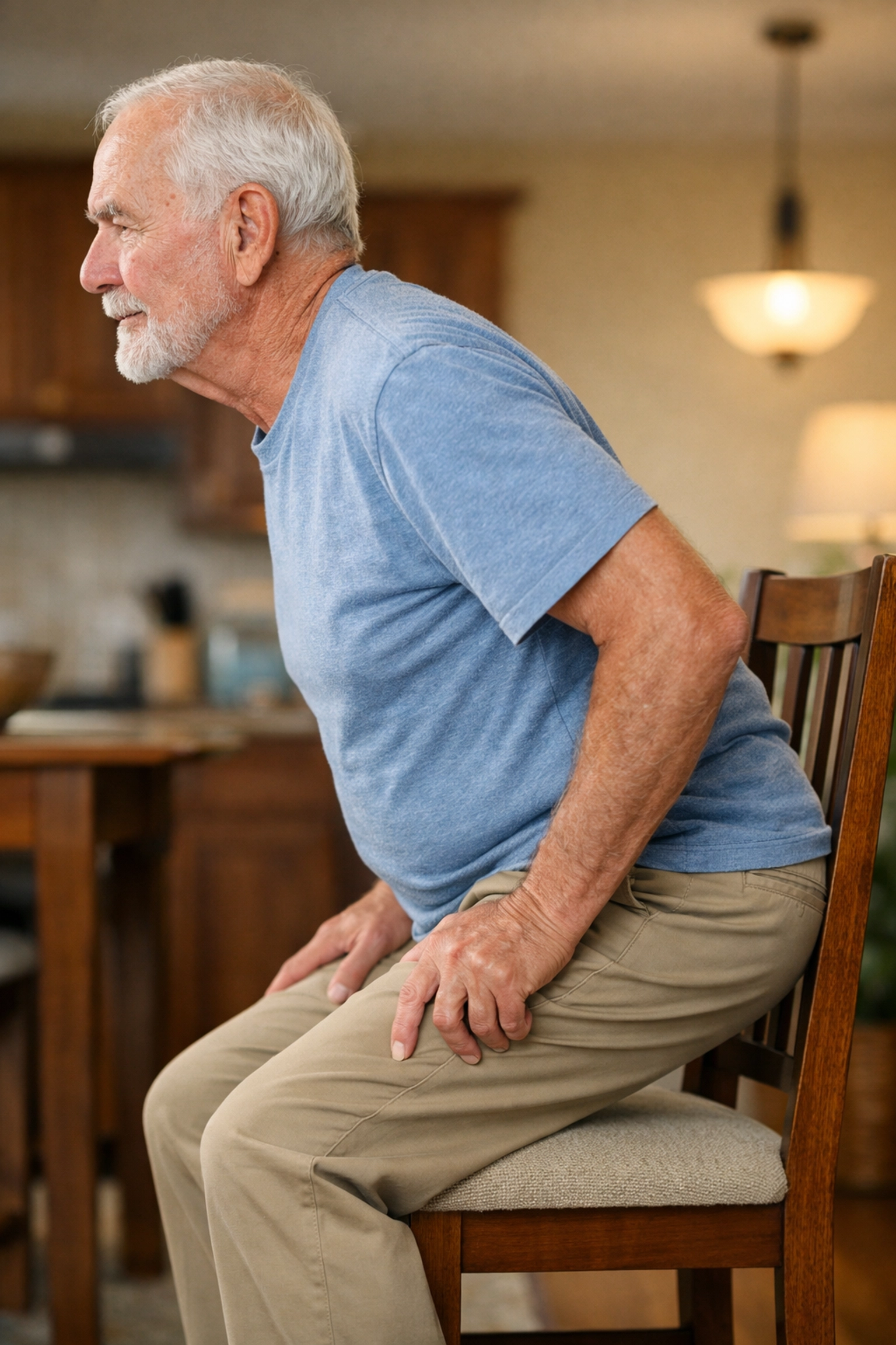 Senior man performing a sit-to-stand test to assess lower body strength and mobility.