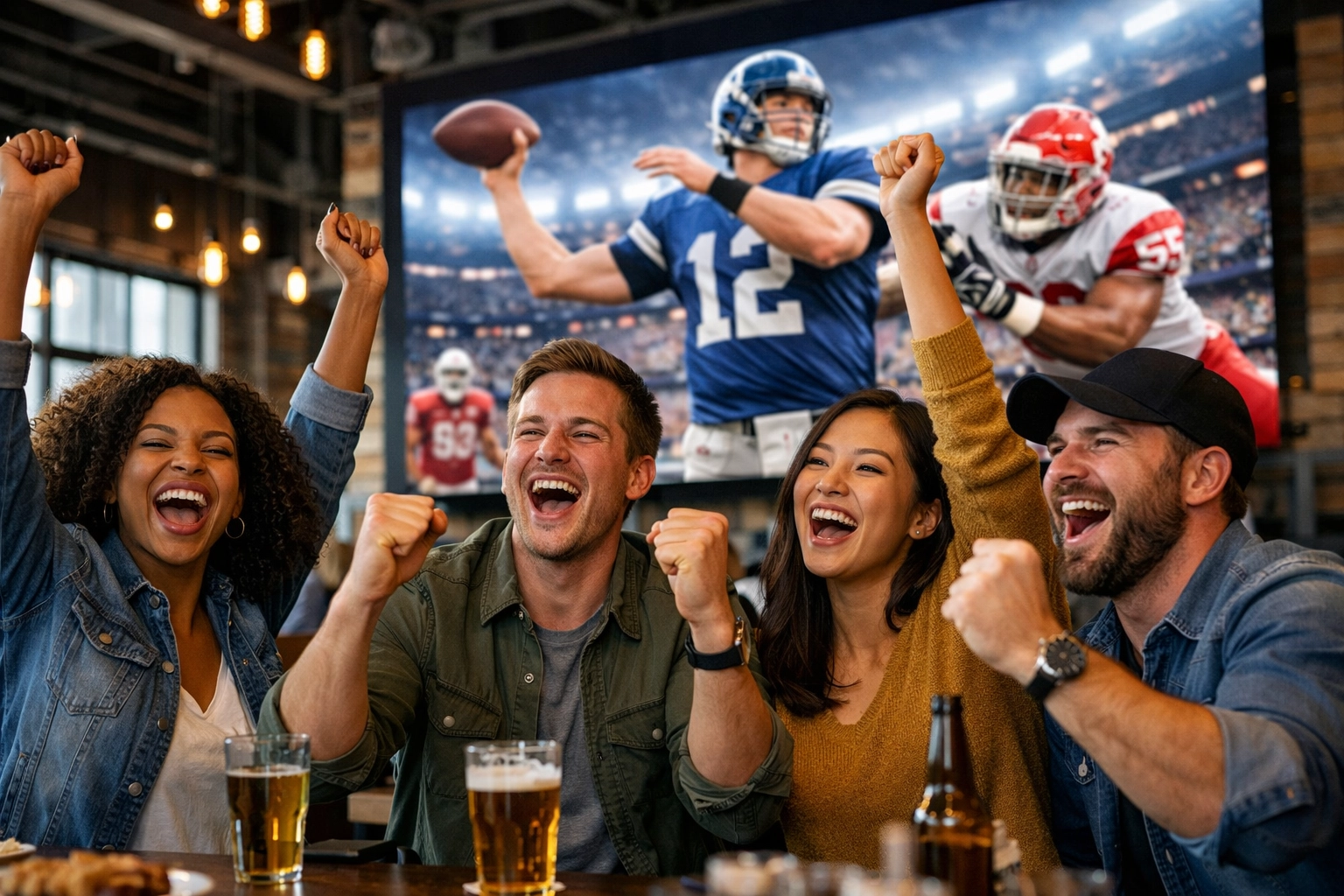 Excited fans in a sports lounge watching a game on a digital screen for a DOOH campaign.