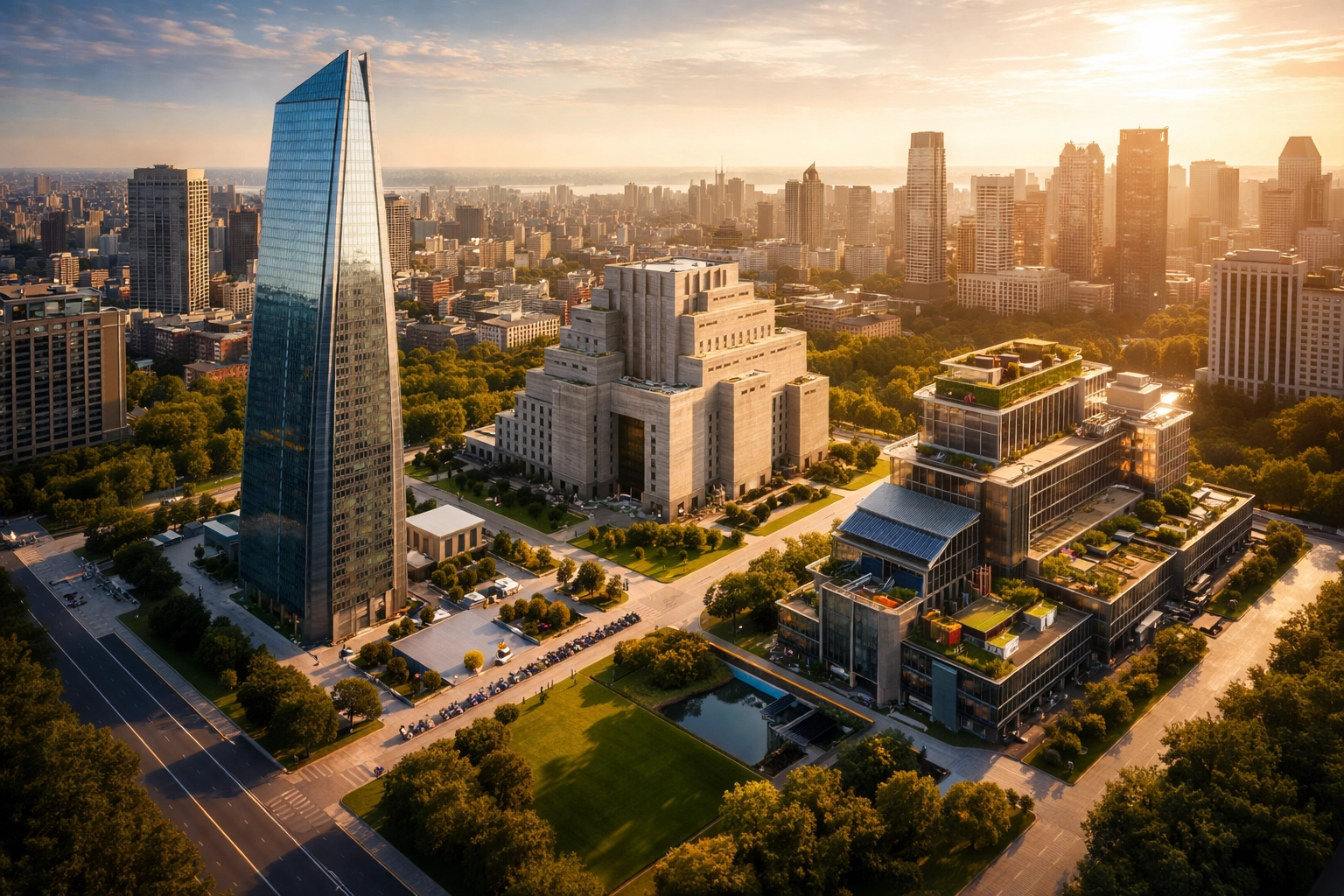 Aerial view of three landmark buildings symbolizing equities, fixed income, and alternatives in the 40/30/30 investment framework.
