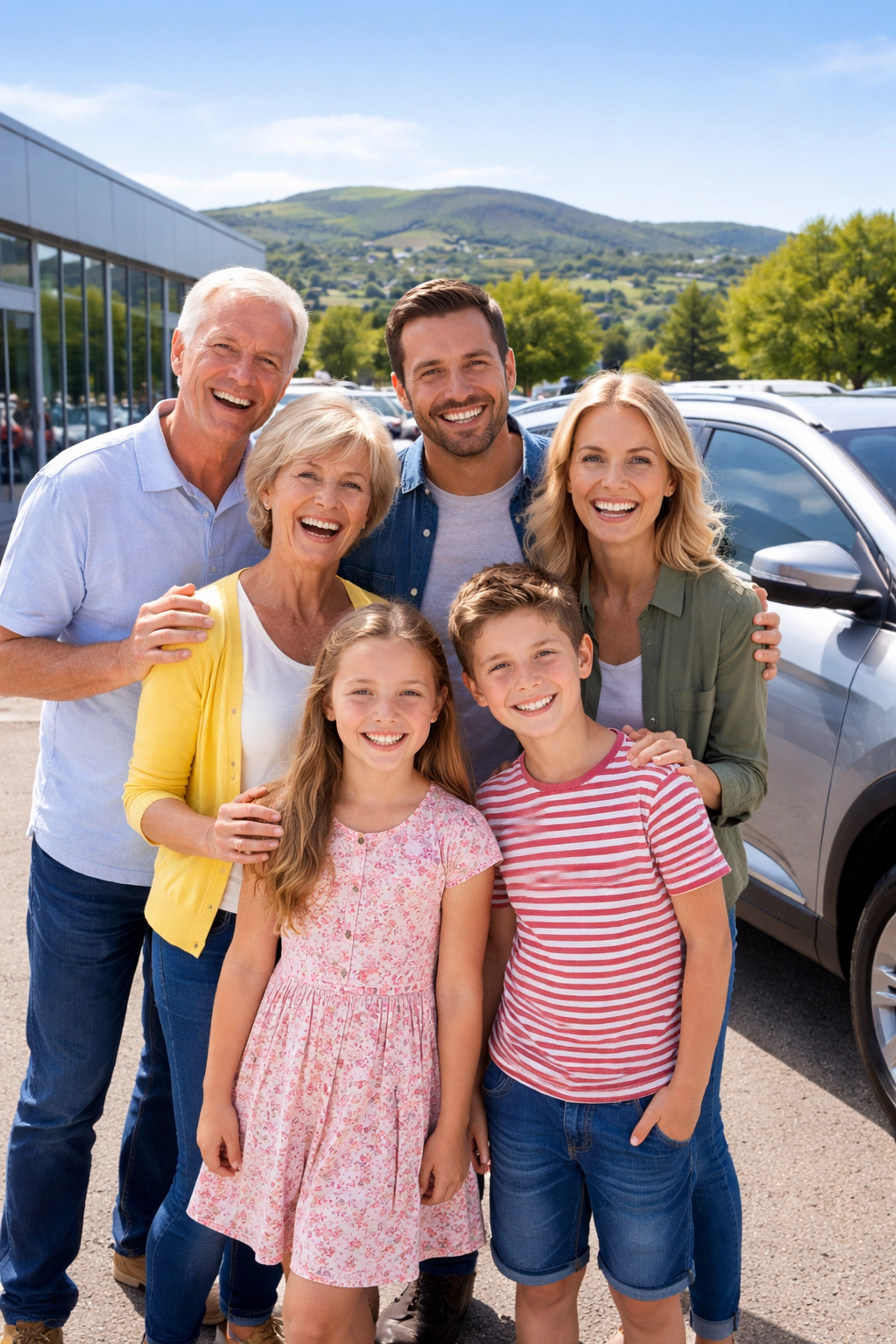 Happy South Wales family smiling beside their new car at a dealership forecourt, Swansea hills in view