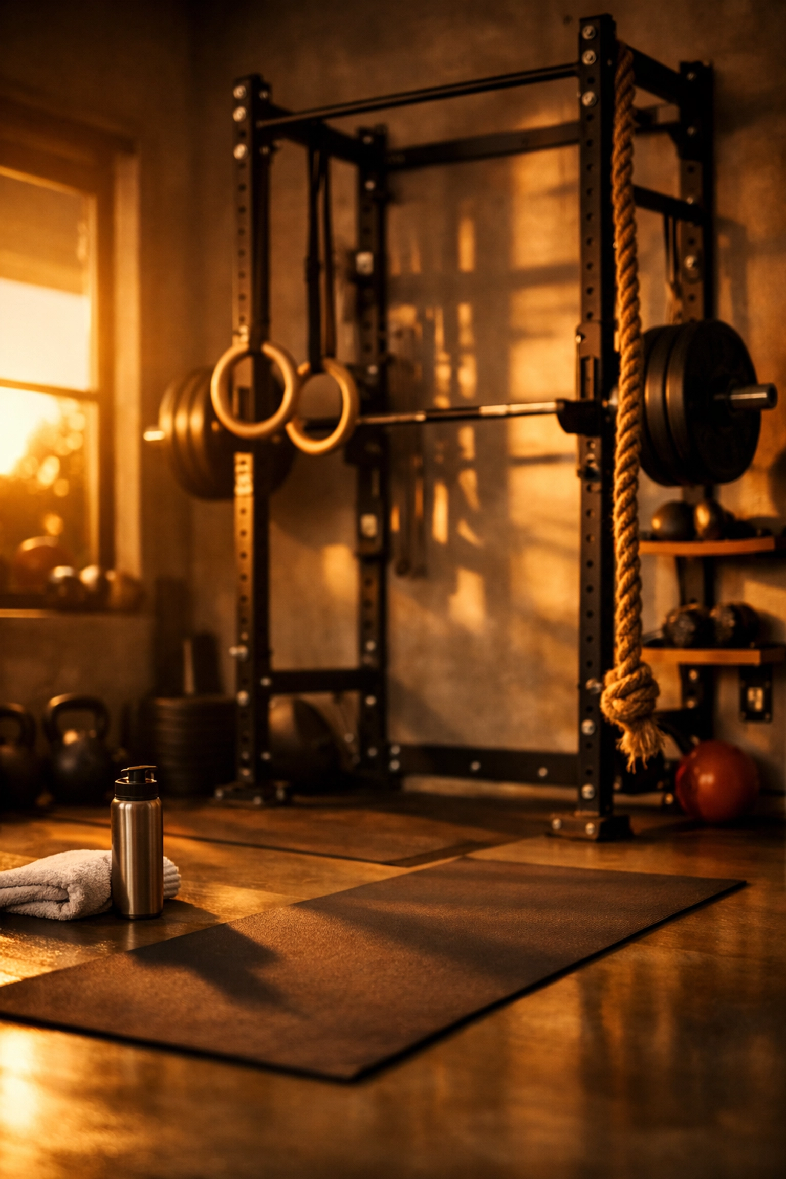 Complete home gym setup with floor-to-ceiling system and calisthenics equipment