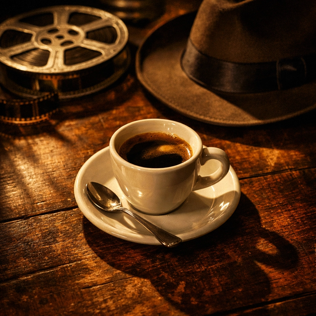 Espresso cup with vintage film reel and fedora hat for classic mob movie night pairing
