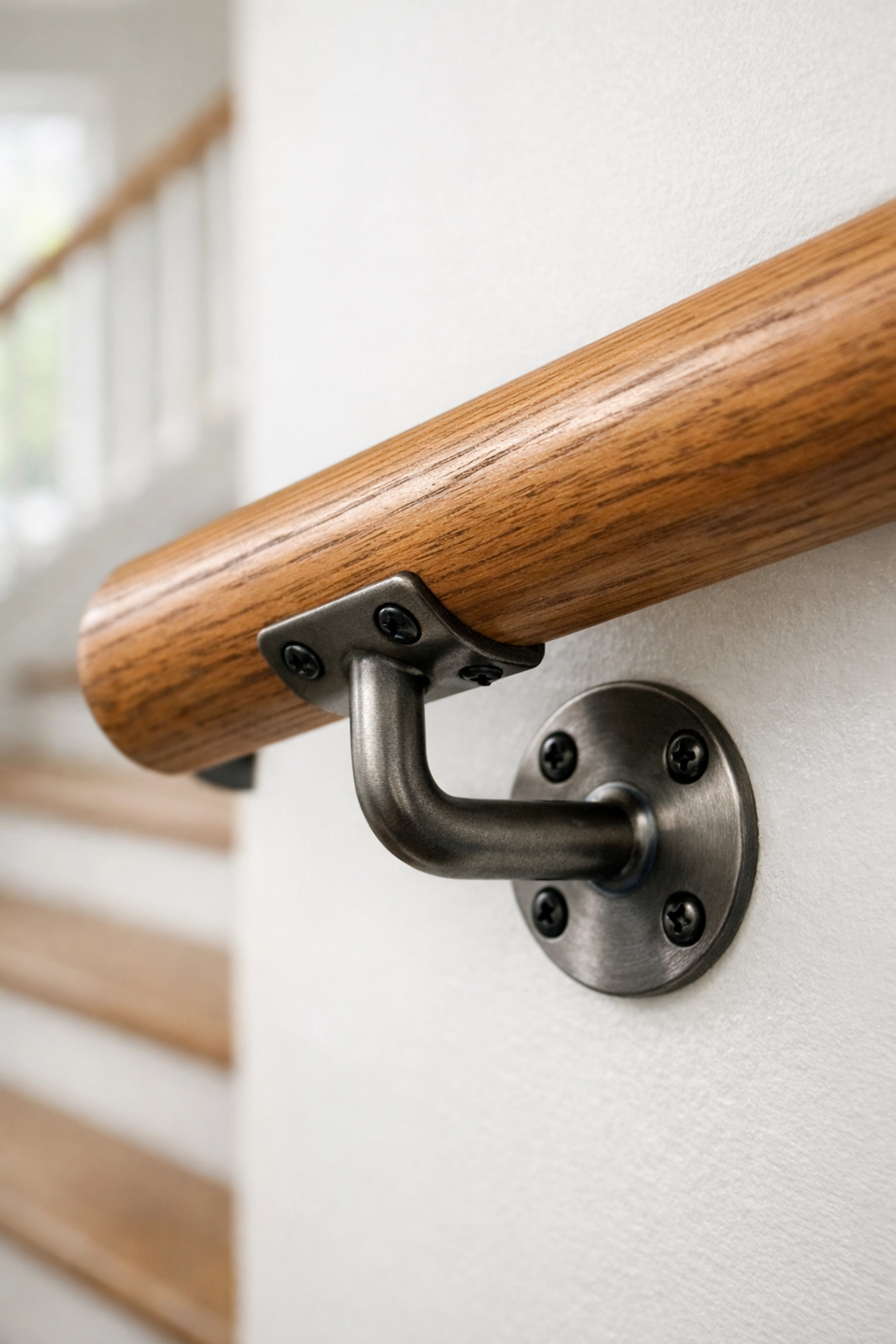 A secure metal bracket mounting a sturdy wooden handrail to a wall for reliable stair safety.