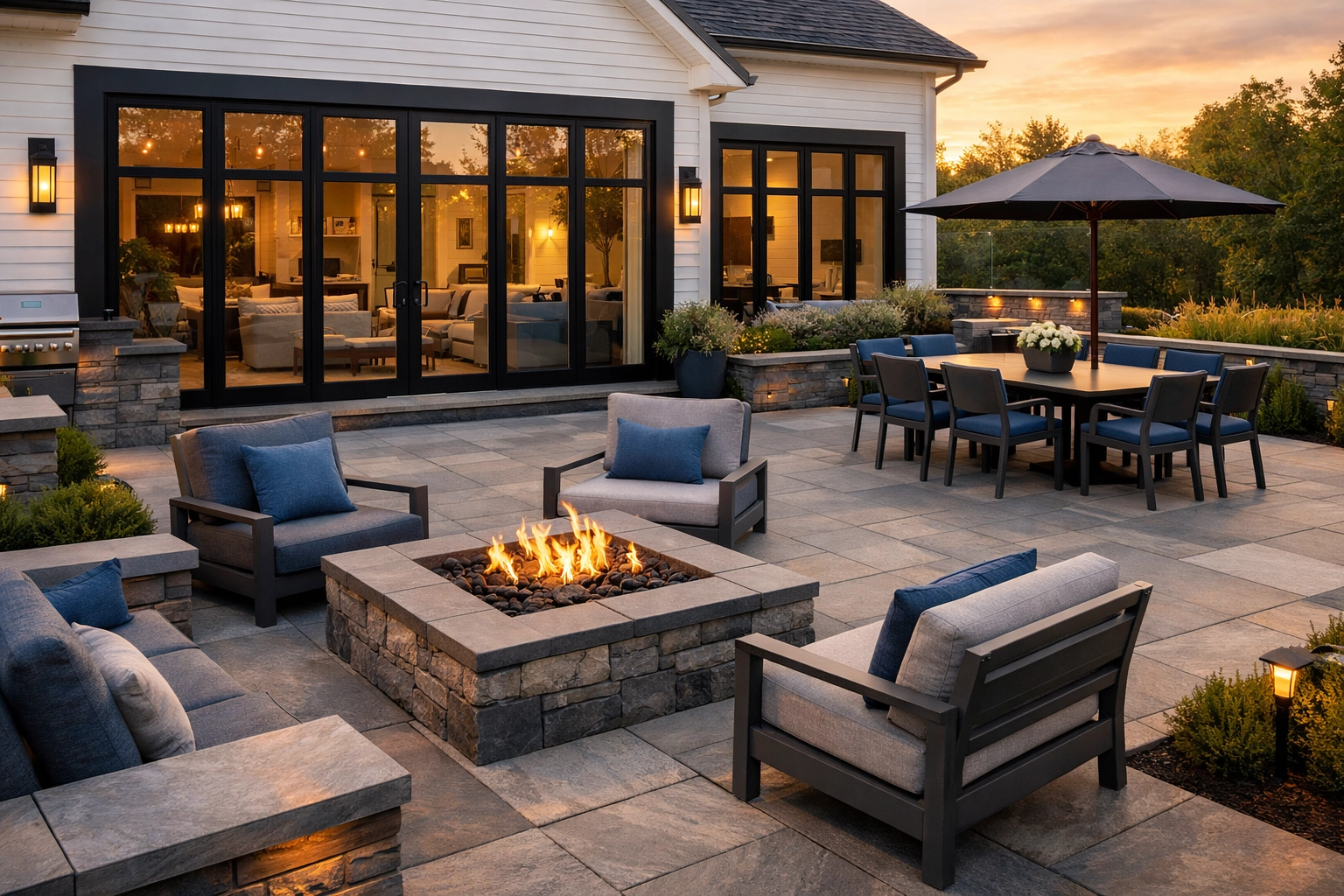 Modern Berks County backyard with zoned stone patio, dining area, and custom fire pit.
