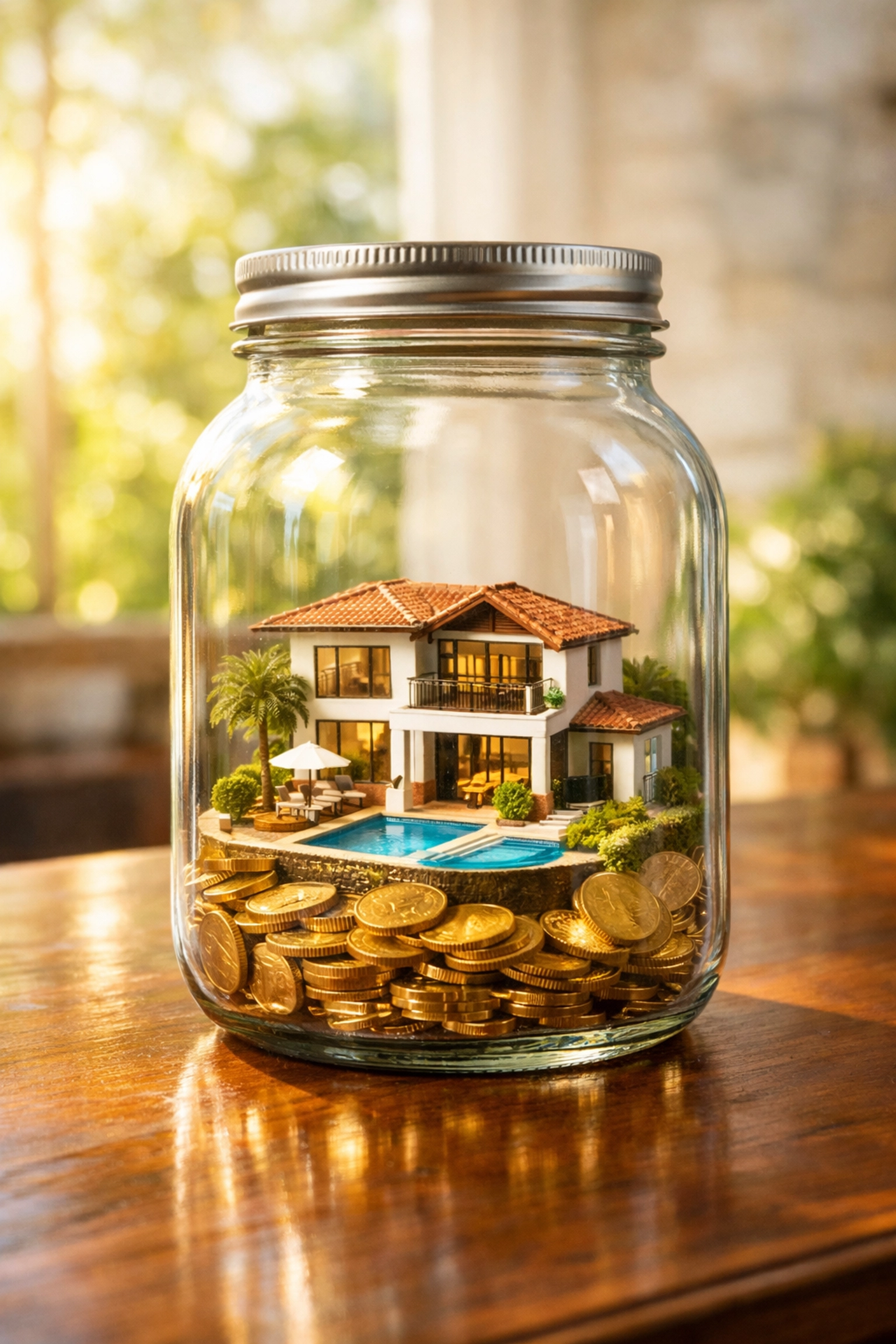 A luxury house model inside a jar of coins symbolizing real estate tax deductions and asset protection.