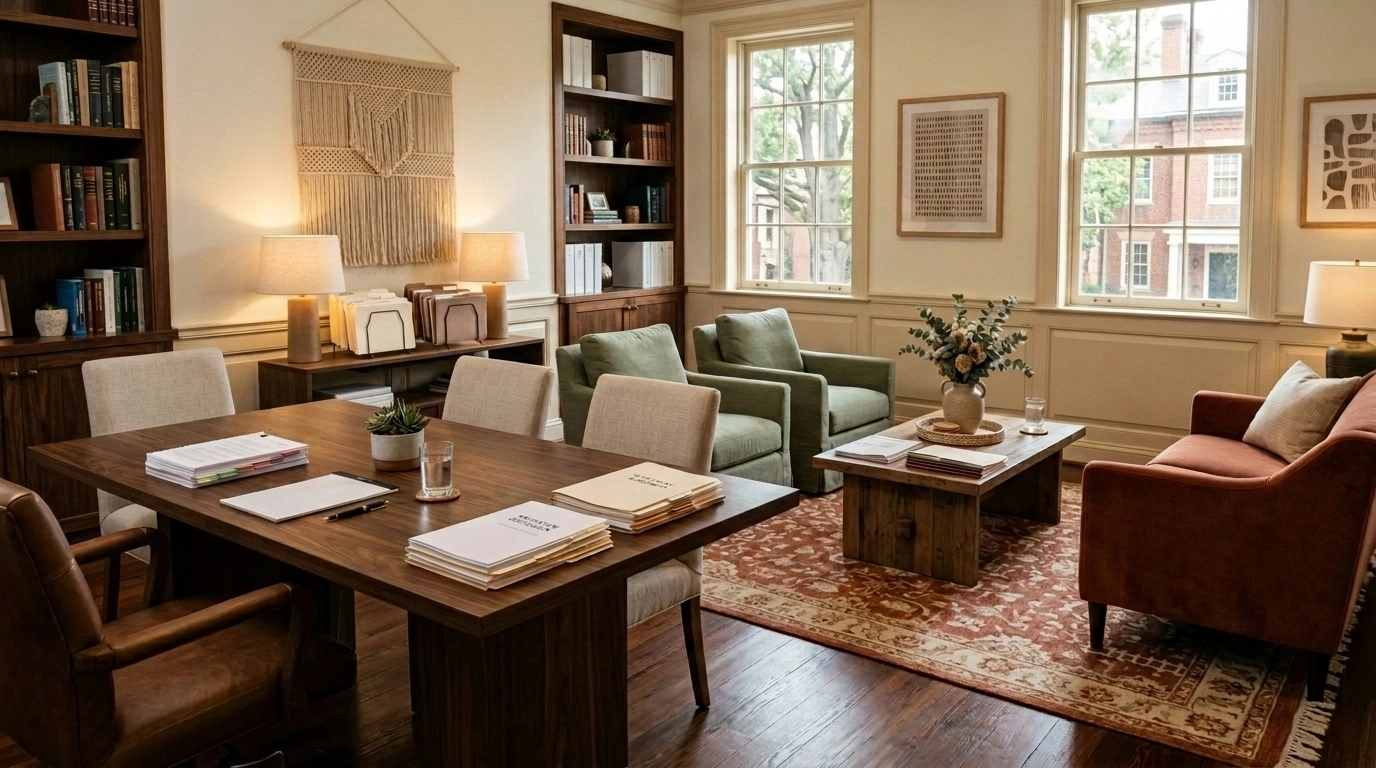 Elegant consultation room in a sophisticated Virginia law office designed for mediation and settlement planning.