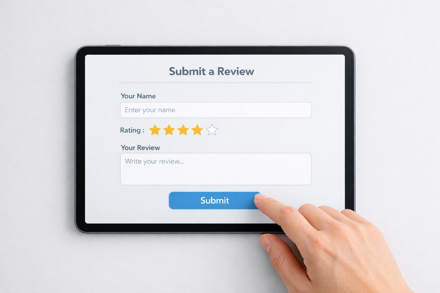 Customer submitting online review on tablet device through digital feedback form