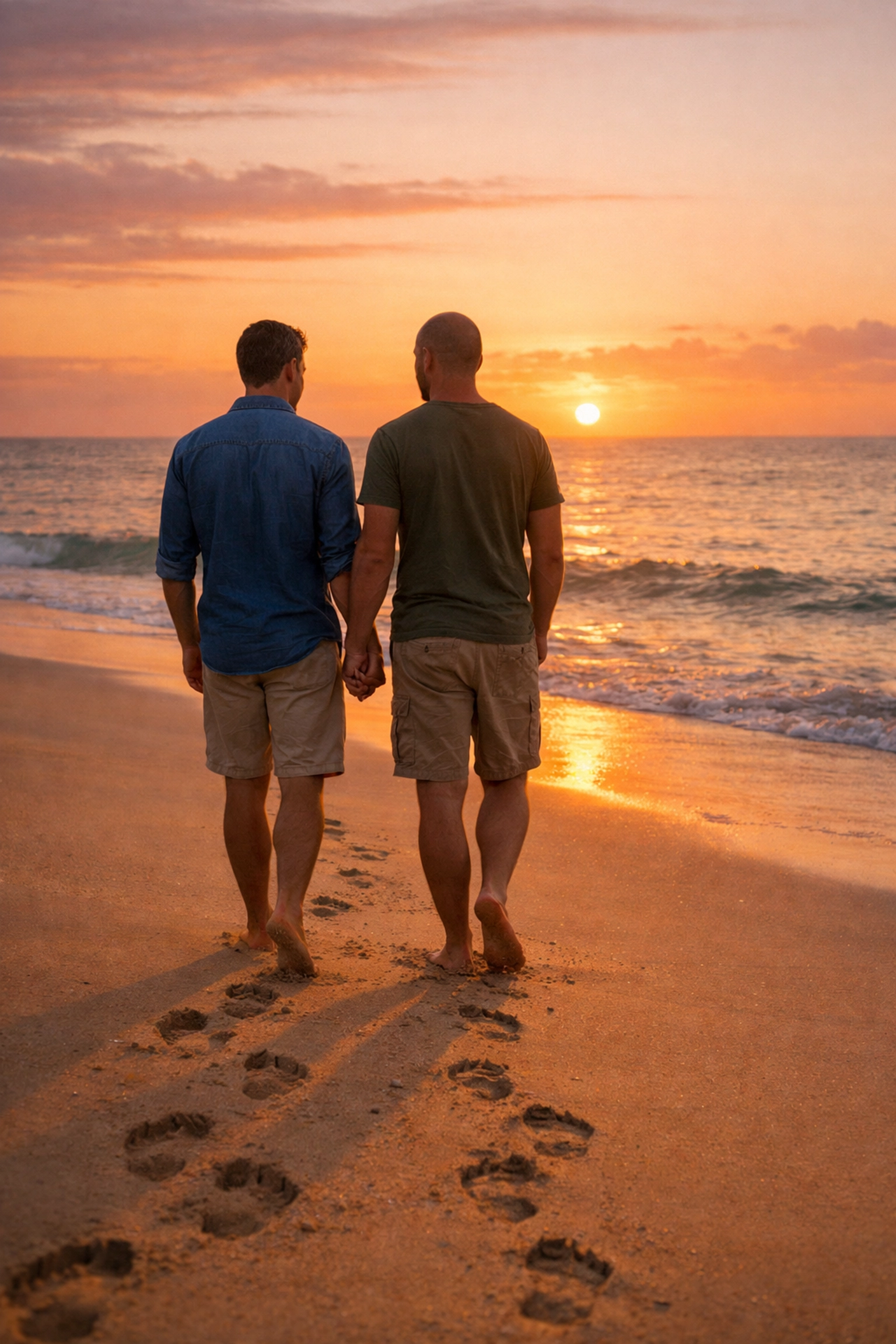 Gay couple holding hands walking on beach at sunset finding authentic connection and freedom together