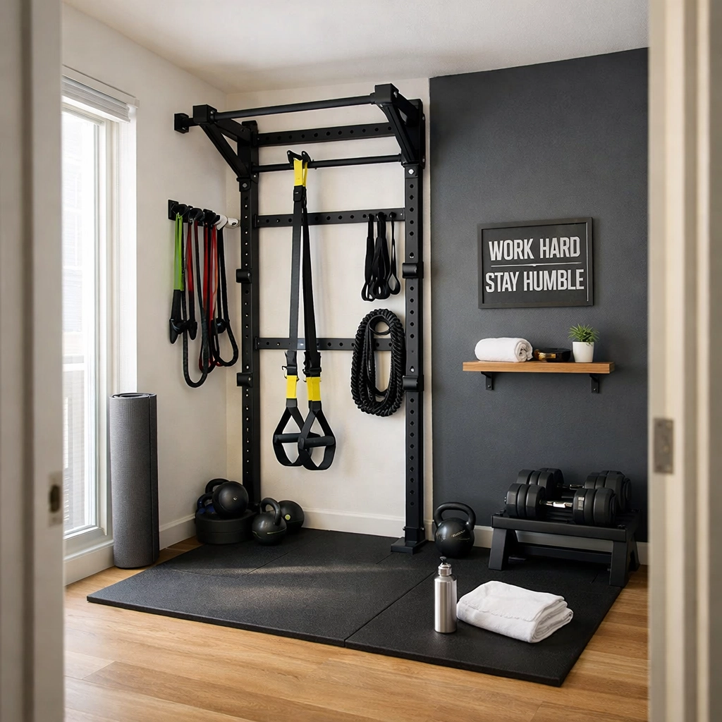 Compact home gym corner setup with floor to ceiling equipment in small apartment space