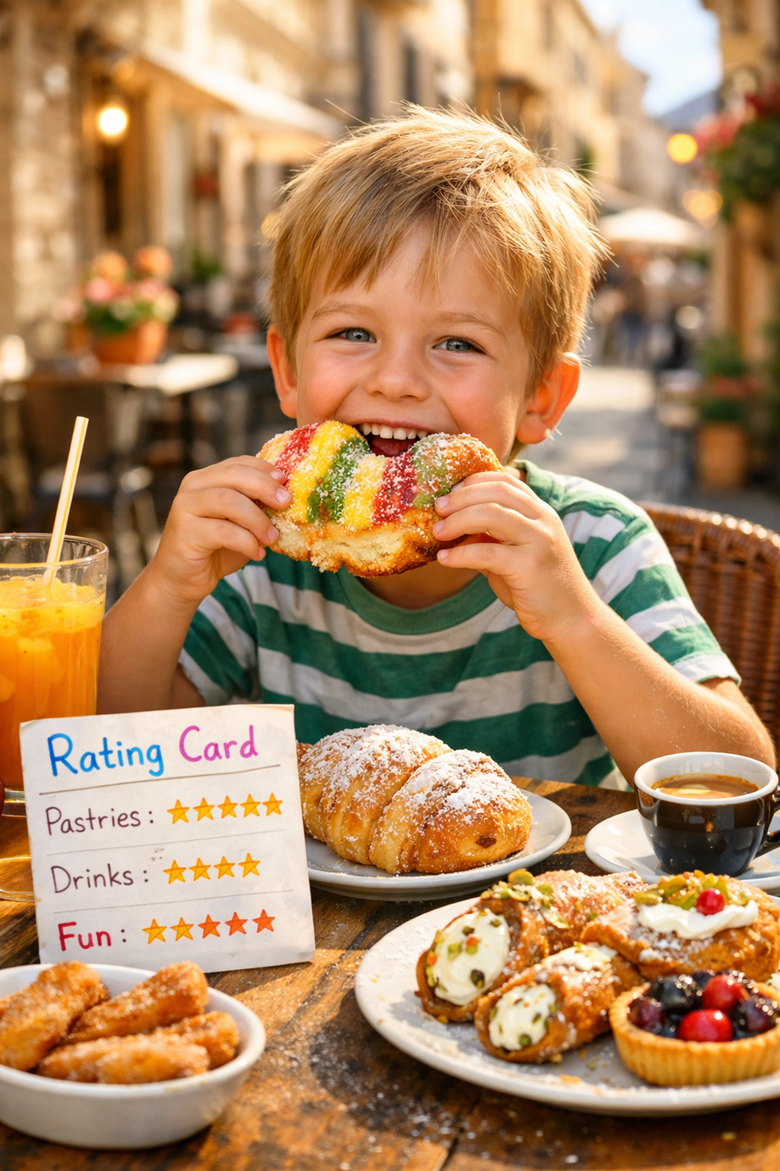 A child enjoying local treats at a sunlit outdoor cafe during a family-friendly food tour.