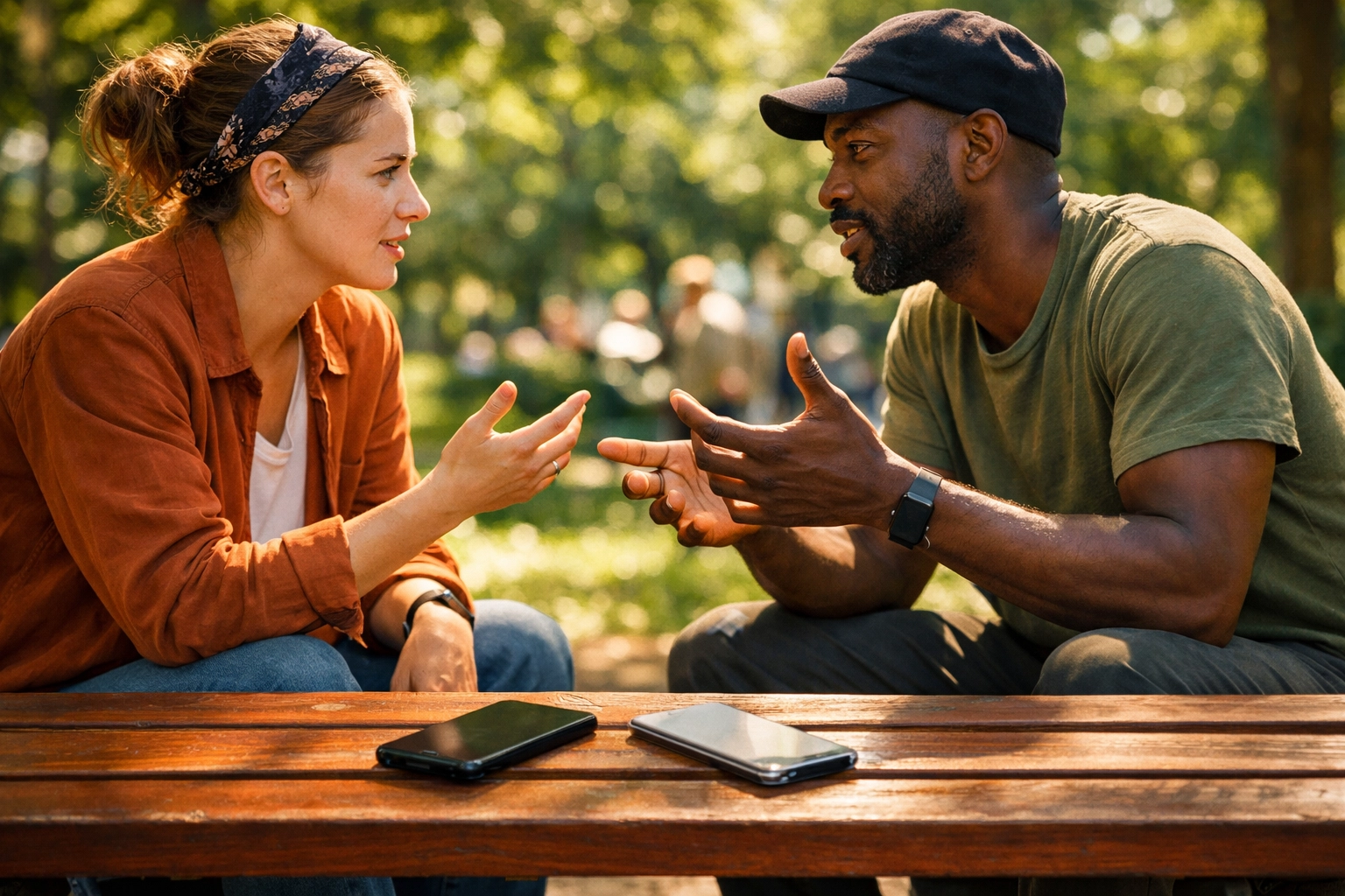 A couple talking in a park with phones set aside, practicing an analog hour for improved social wellness.