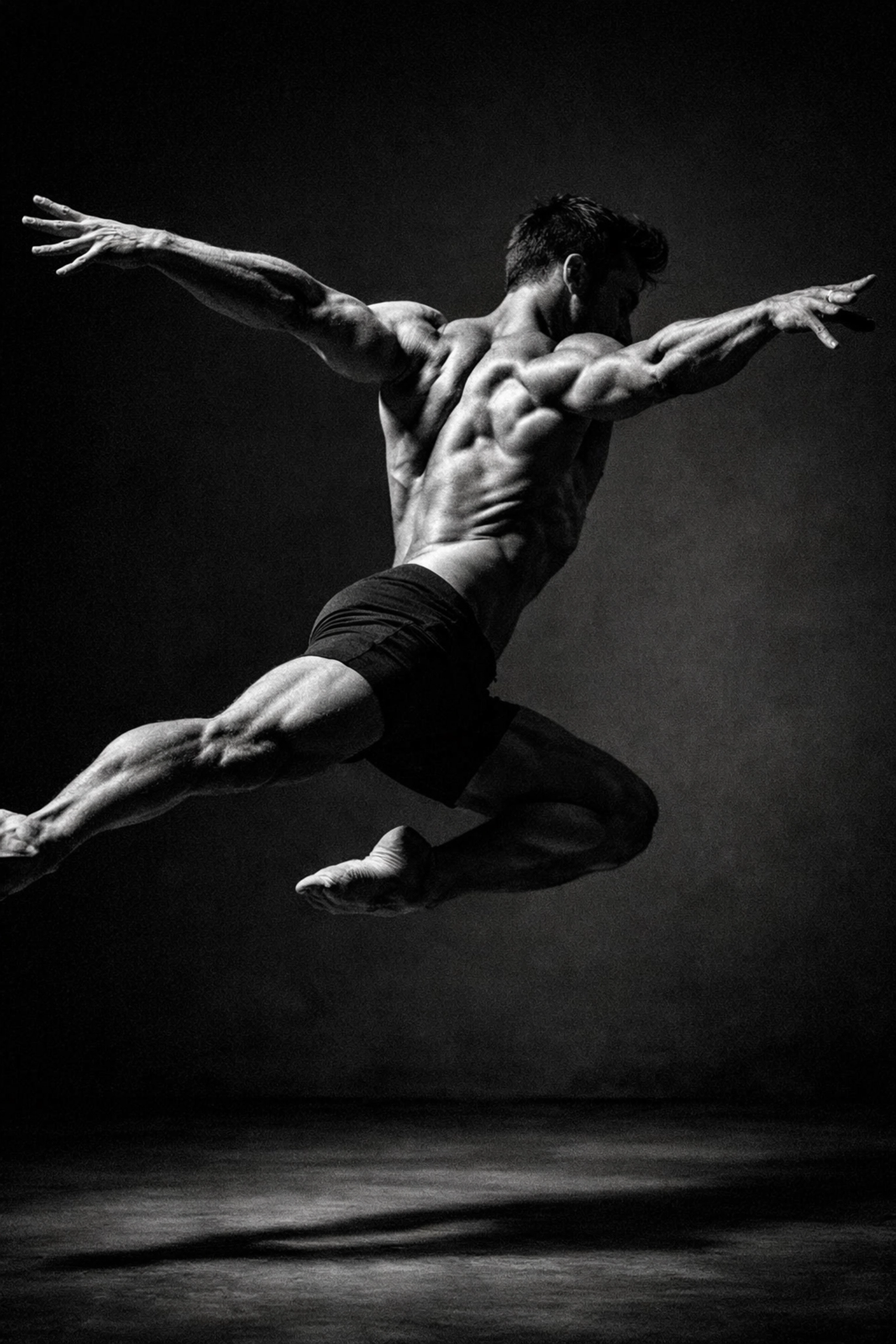 Black and white fine art photo of a muscular man's torso in a dynamic dance pose showing kinetic muscle definition.