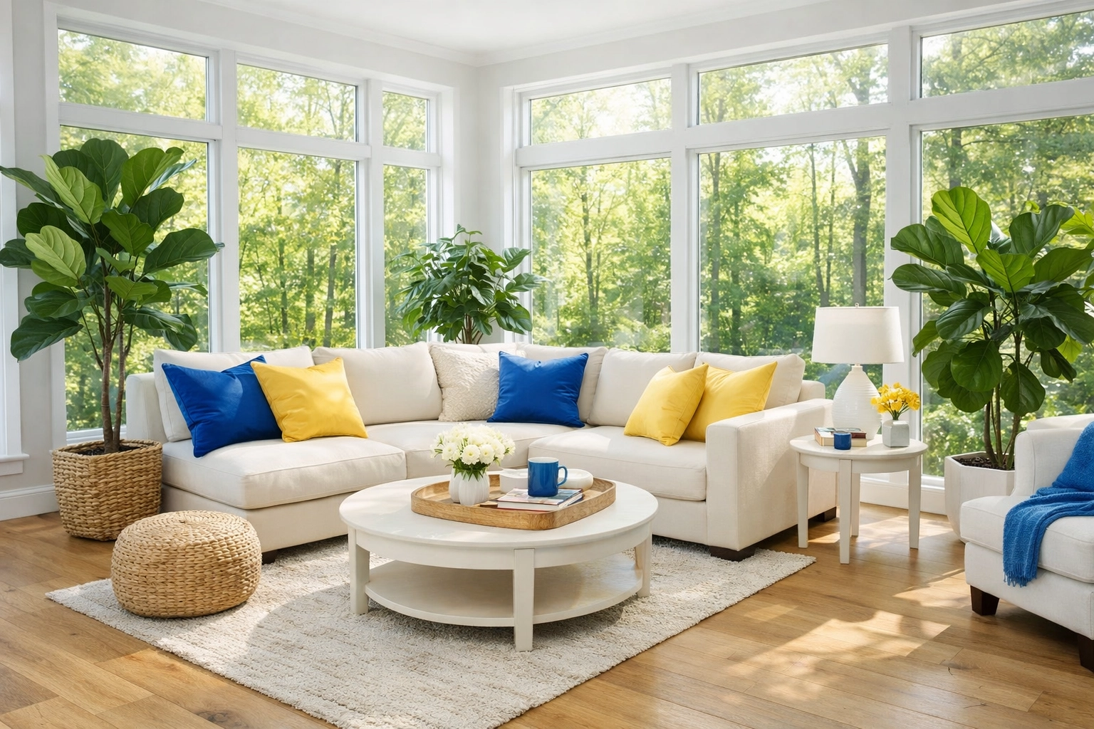 Sun-drenched living room representing eco-friendly cleaning in Sudbury MA for a fresh, healthy home.