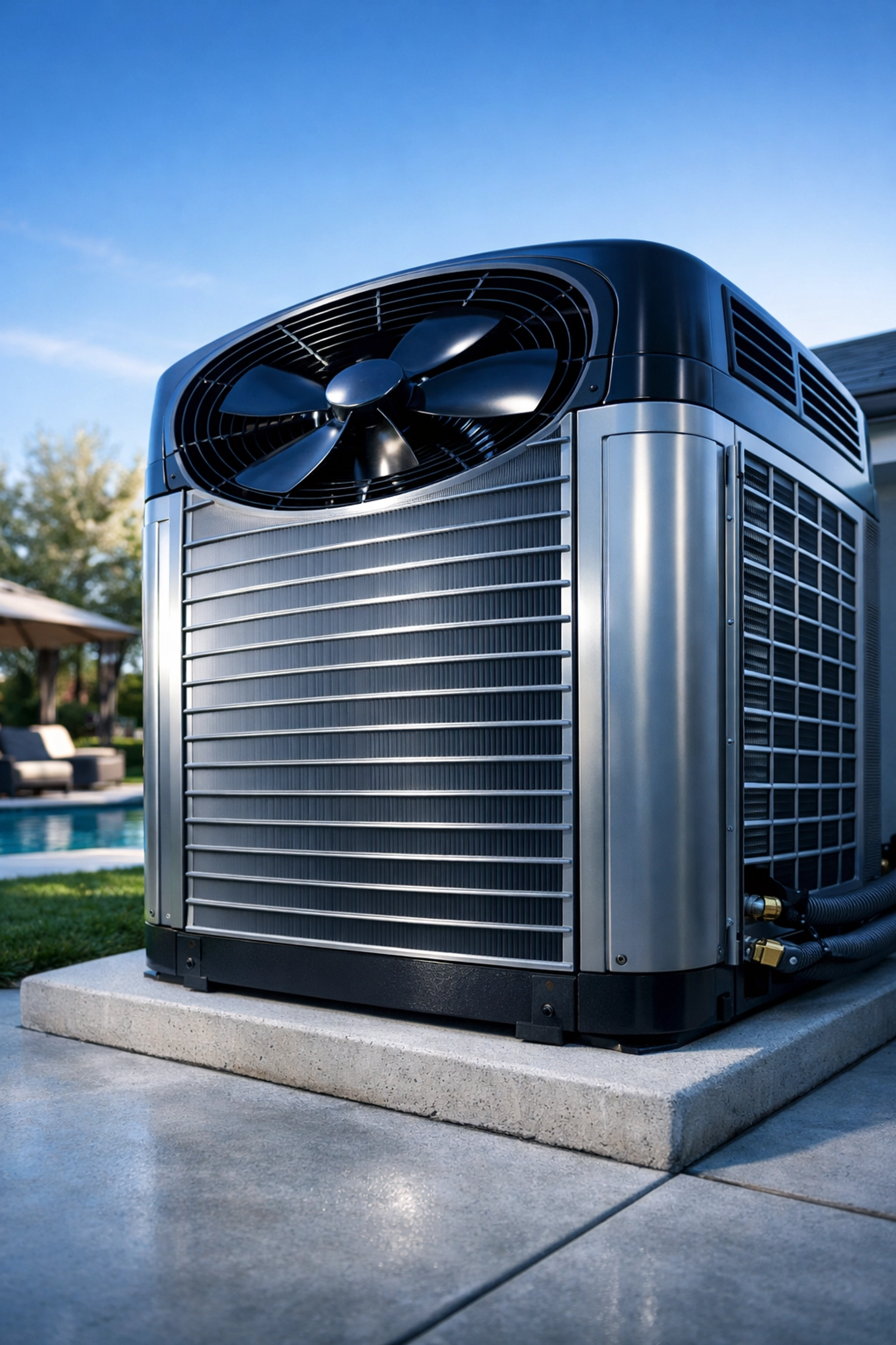 Modern residential HVAC condenser unit in a Central Valley backyard prepared for spring maintenance.