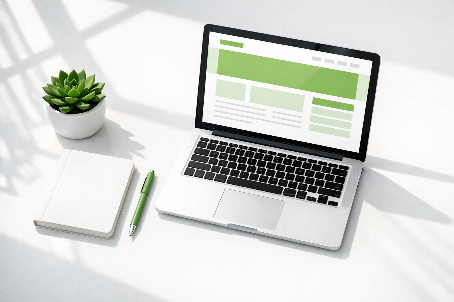 Modern laptop displaying a clean website design for small businesses on a minimalist office desk.