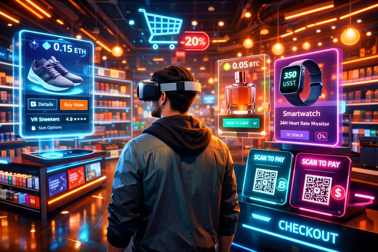 Metaverse shopping with VR headset and crypto payment checkout