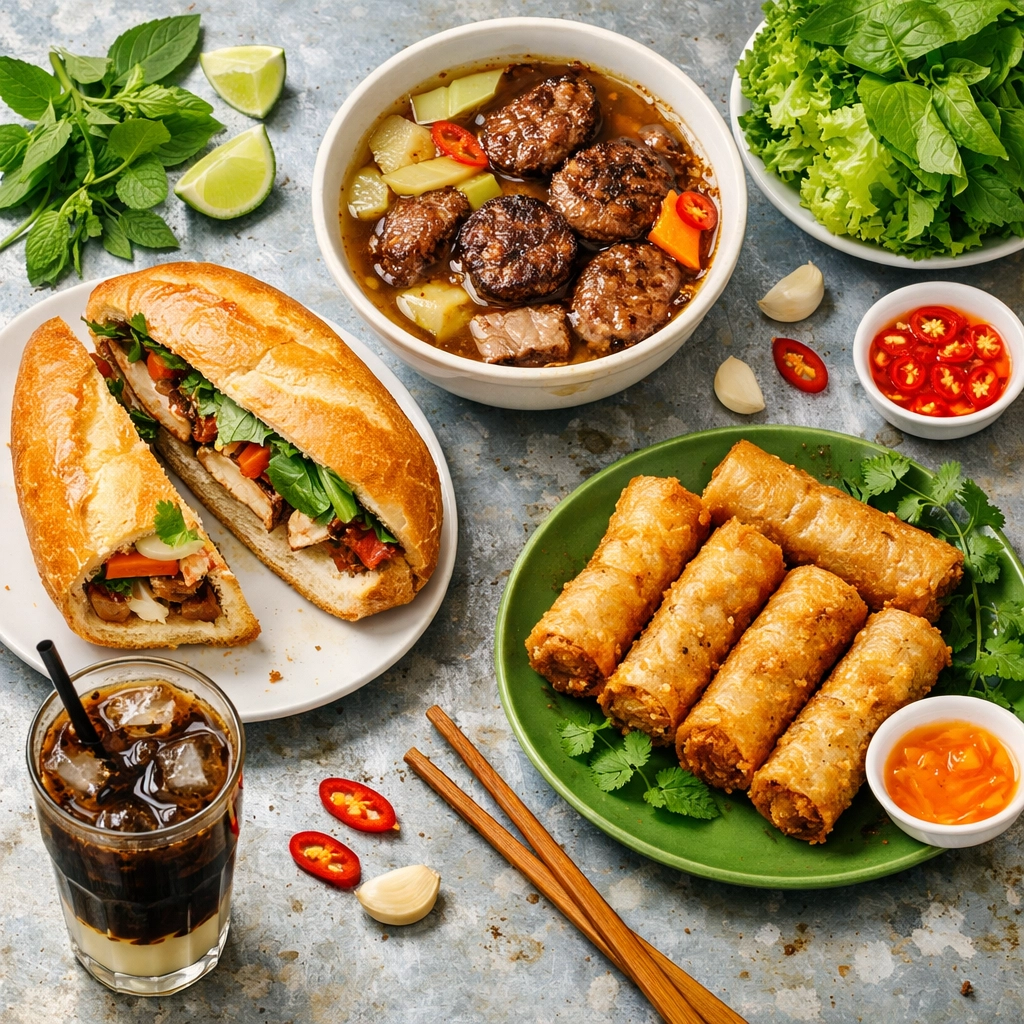 A spread of authentic Hanoi street food featuring Banh Mi, Bun Cha, and spring rolls on a metal table.