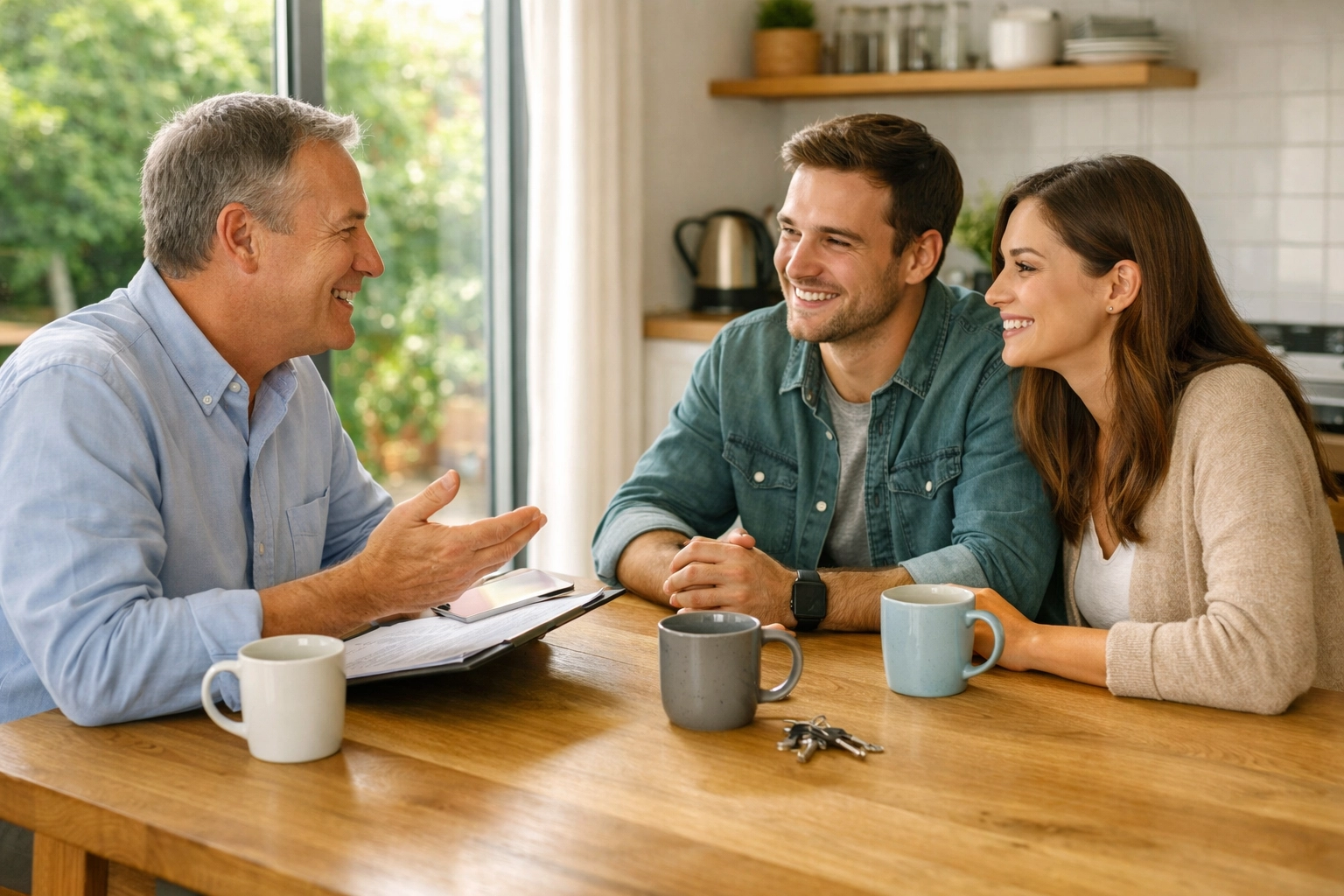 Landlord and tenants discussing a property for rent in Yate over tea in a bright, modern kitchen.