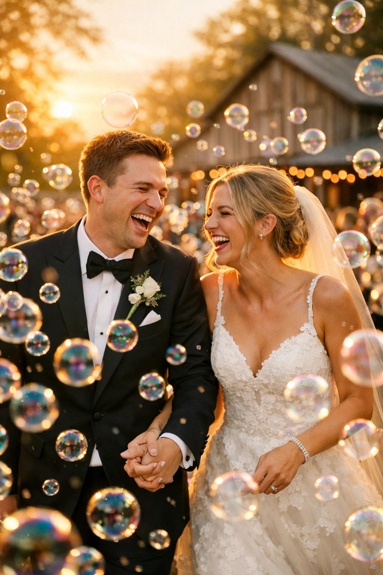 Newlyweds walking through a whimsical bubble wedding exit during golden hour in Indiana.