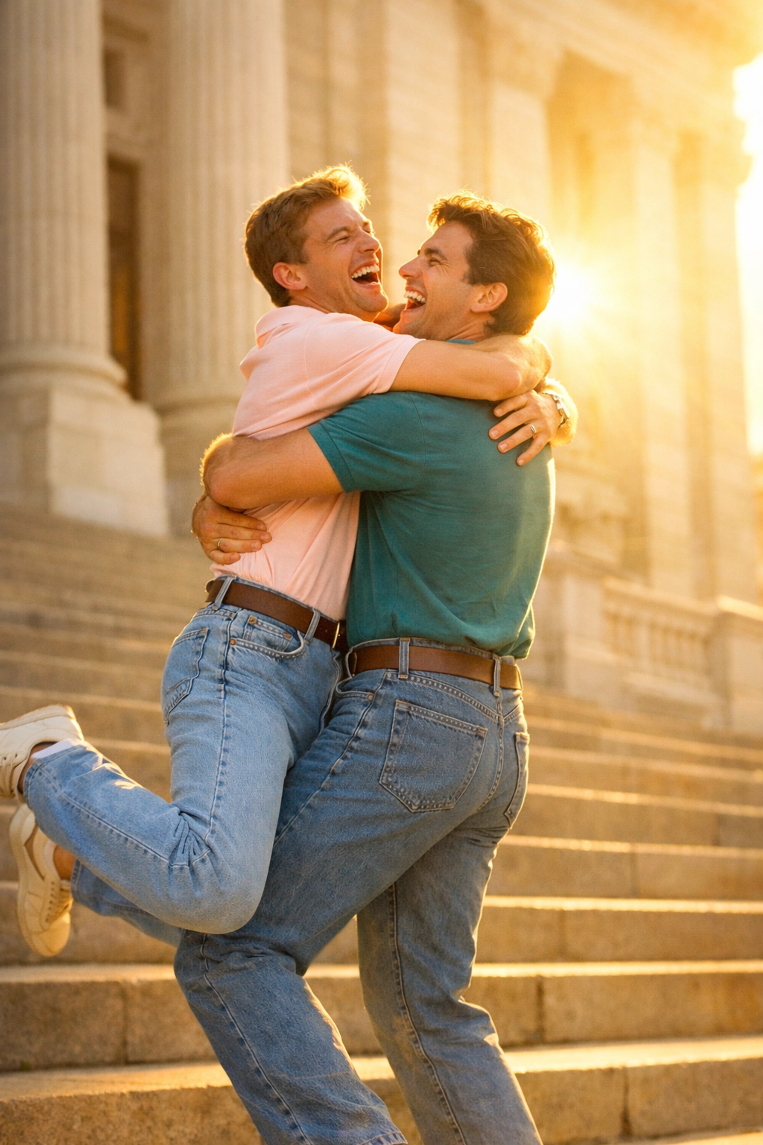 A happy gay couple celebrating the 1986 Homosexual Law Reform Act, an inspiration for many gay romance novels.
