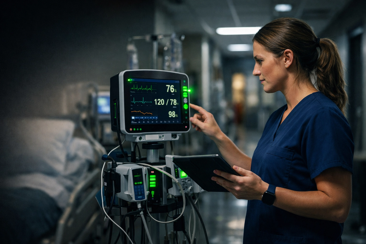 Lincoln Nebraska healthcare technician using a tablet near networked medical equipment to manage patient data.