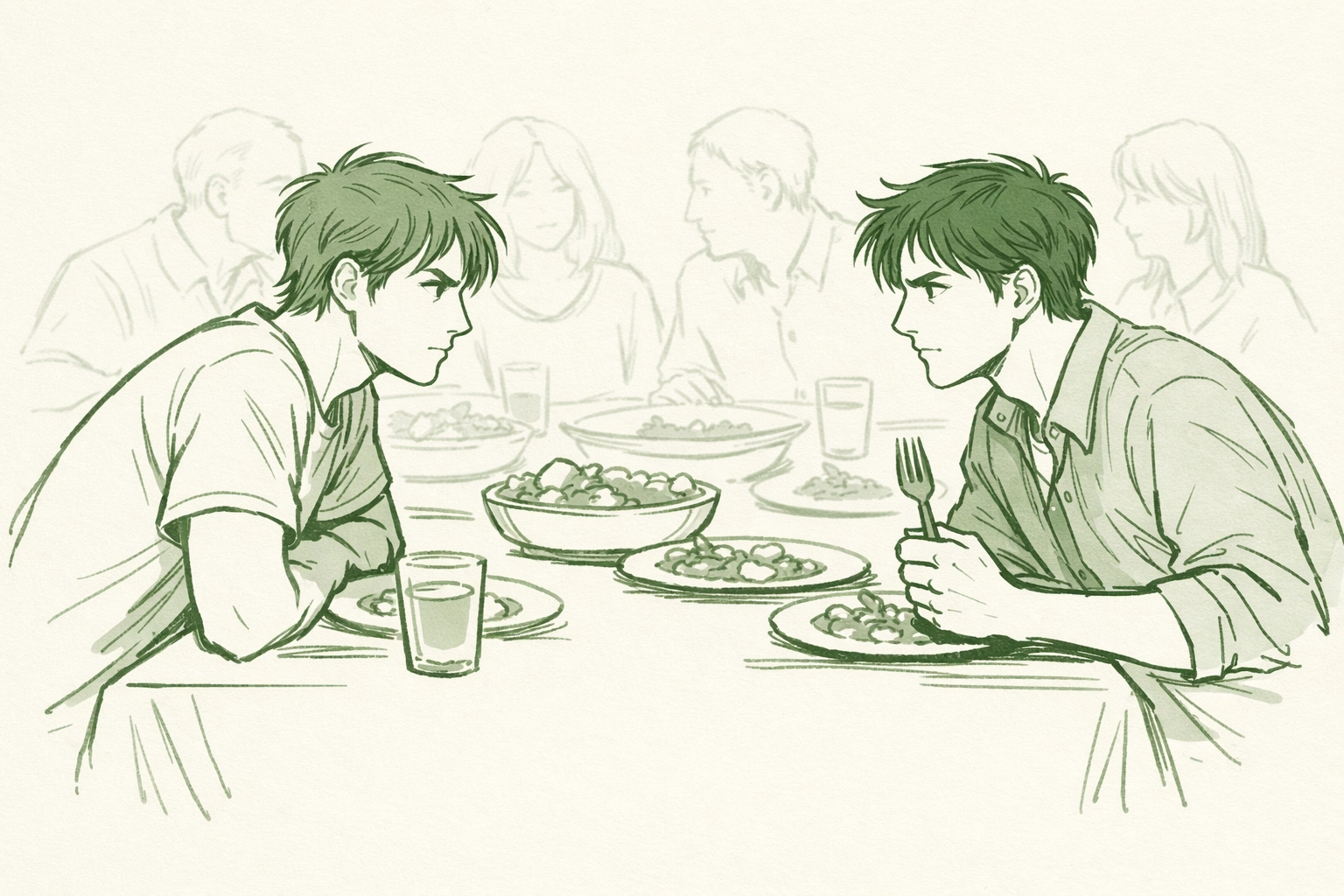 Step-brothers sharing intense eye contact across family dinner table in gay romance story