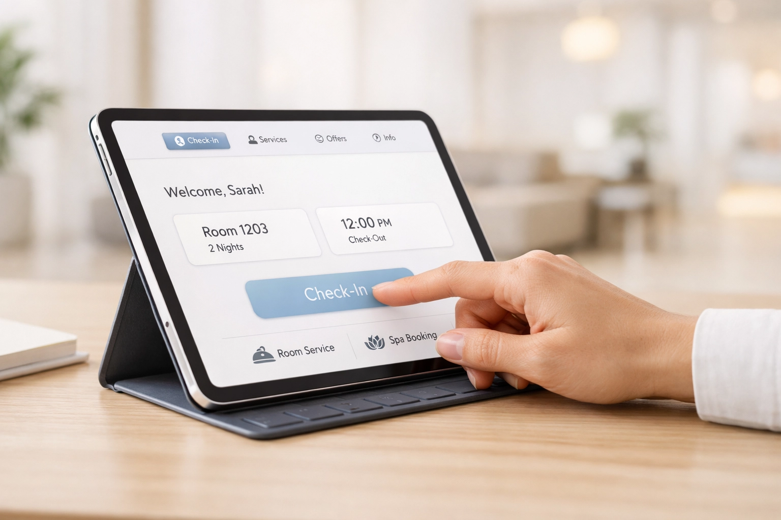 User-friendly hotel management software interface on a tablet for seamless guest automation.