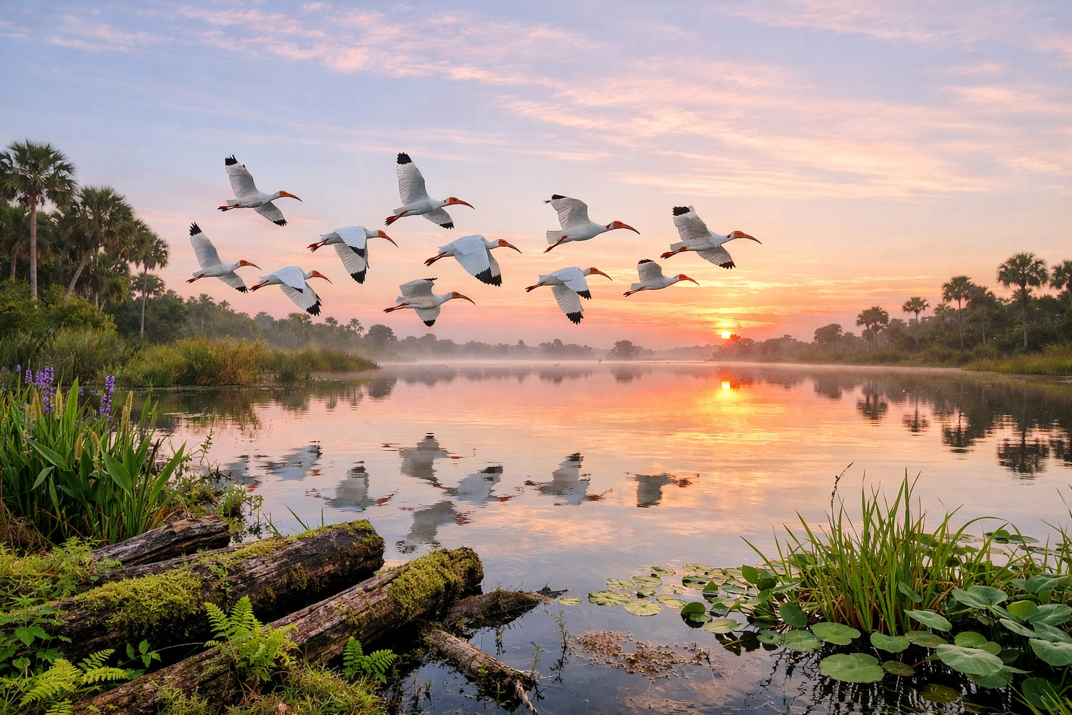Wide-angle view of a restored tropical wetland at dawn with ibises flying over glassy water.