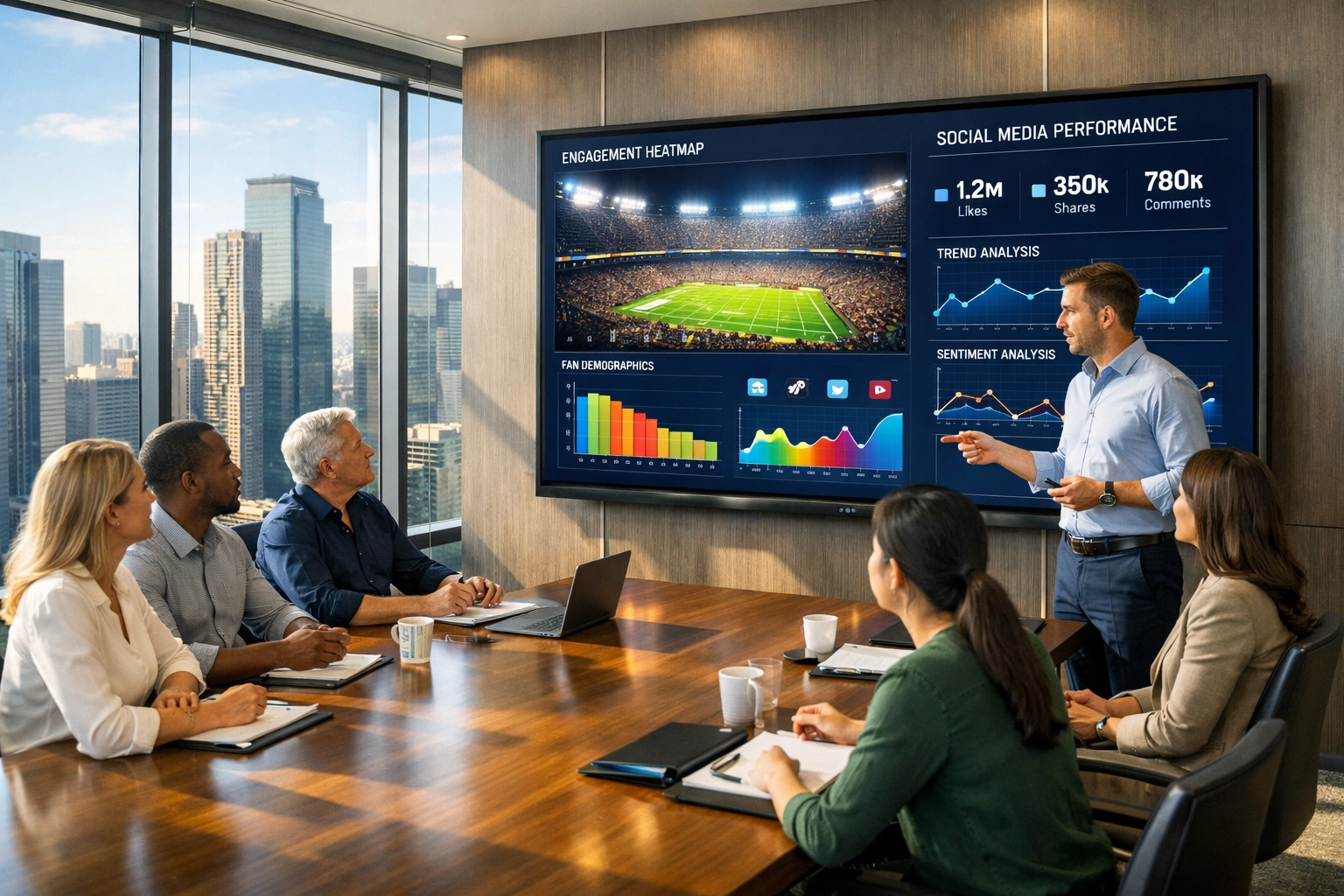 Marketing executives analyzing real-time NIL data and engagement metrics for a Super Bowl branding campaign.