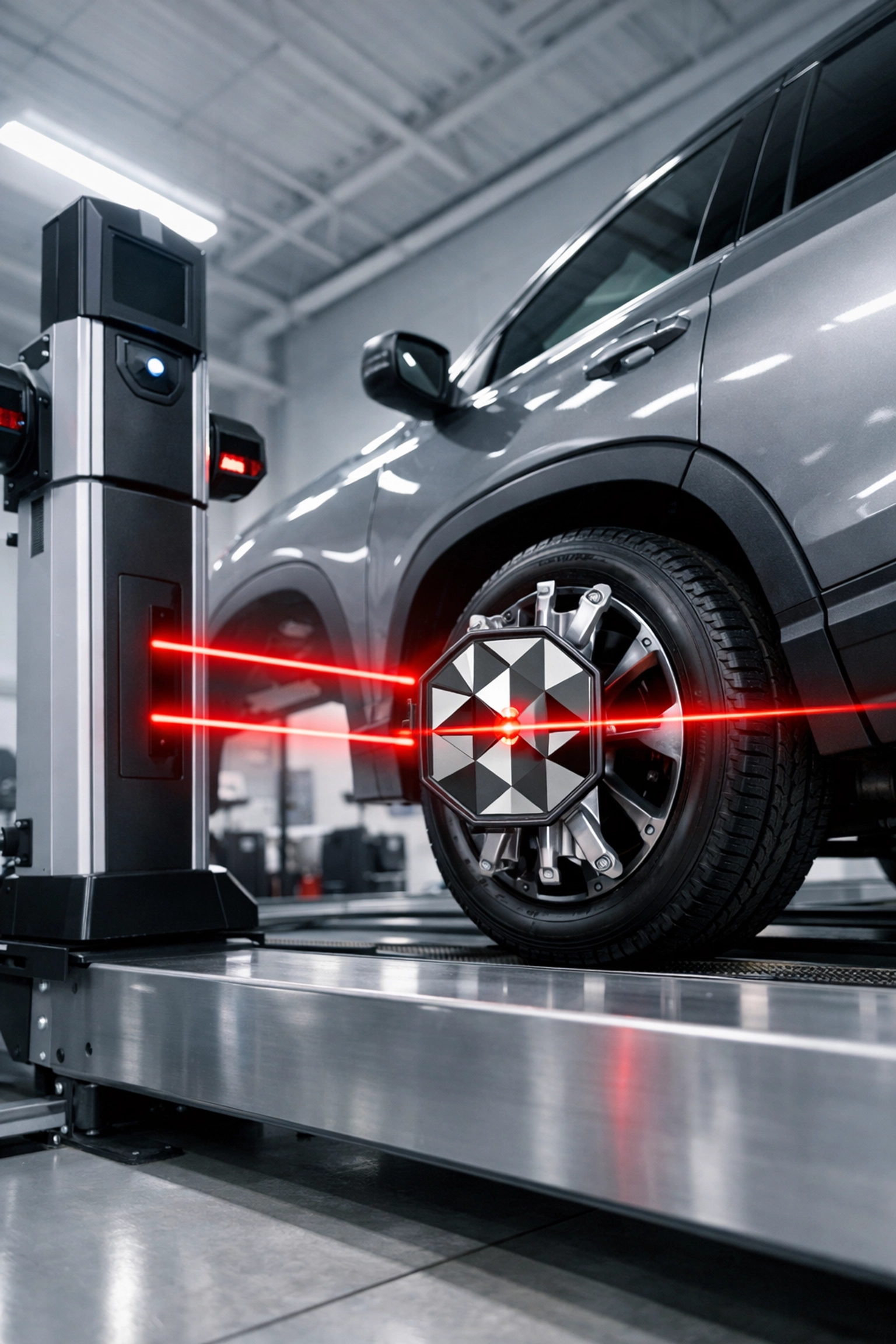 High-tech laser wheel alignment system measuring tire angles on a vehicle for maximum safety.