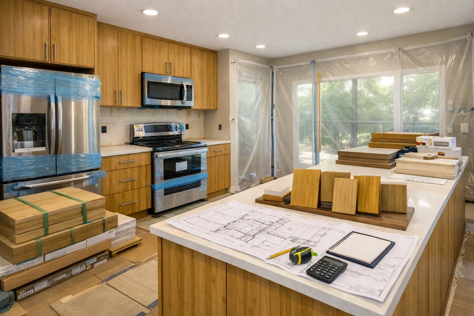 Organized Orlando kitchen renovation site with eco-friendly materials and project plans