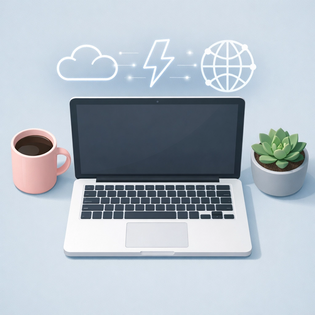 Modern office desk illustration symbolizing digital marketing and AI technology for local businesses.