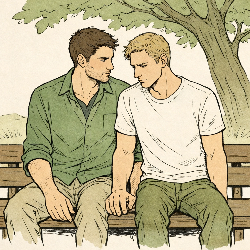 Intimate illustration of a gay couple on a bench, highlighting emotional depth in high-angst MM fiction.