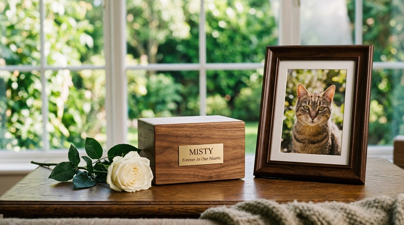 A small wooden box for cat ashes next to a photo and a rose