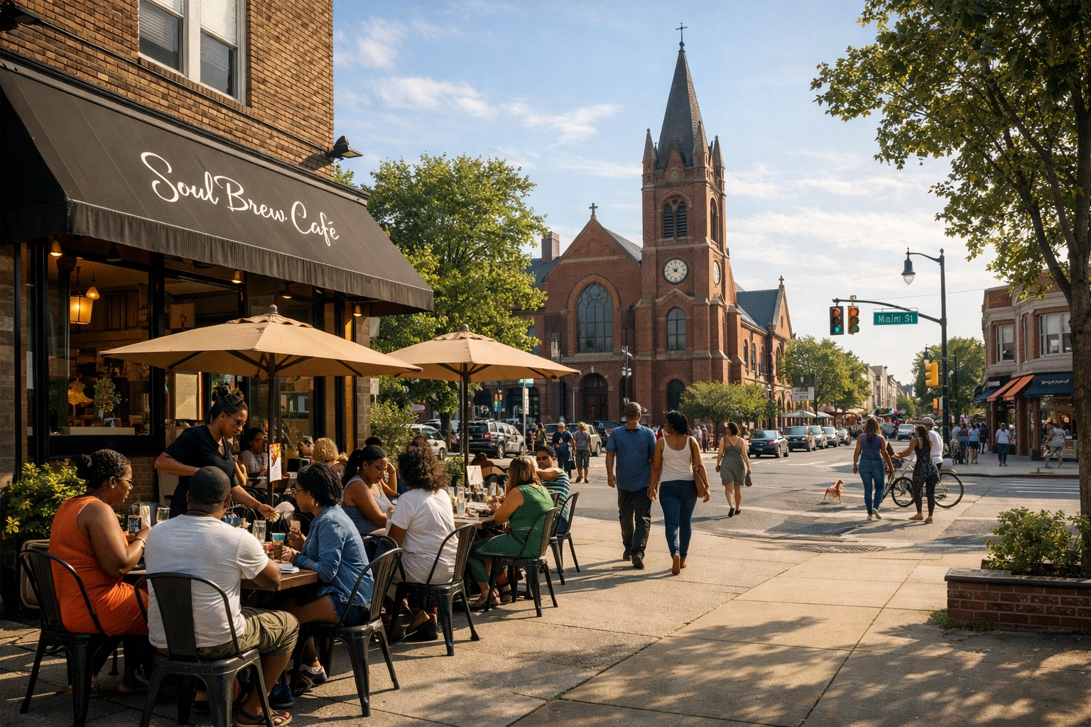 Thriving square mile community featuring a Black-owned cafe and a local supporting church.