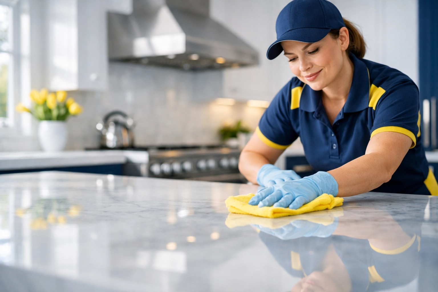 Professional residential cleaning in Cambridge MA showing a cleaner polishing a white marble kitchen counter.