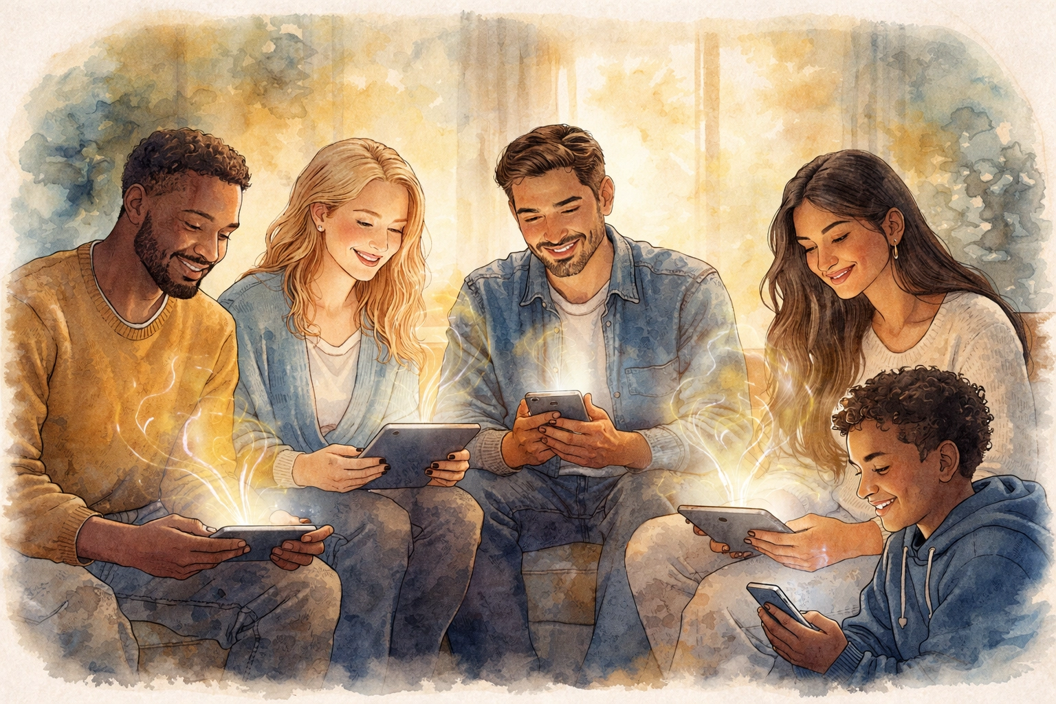 Diverse group gathered in a cozy living room, interacting with digital devices as spiritual nourishment, illustrating intentional digital engagement.