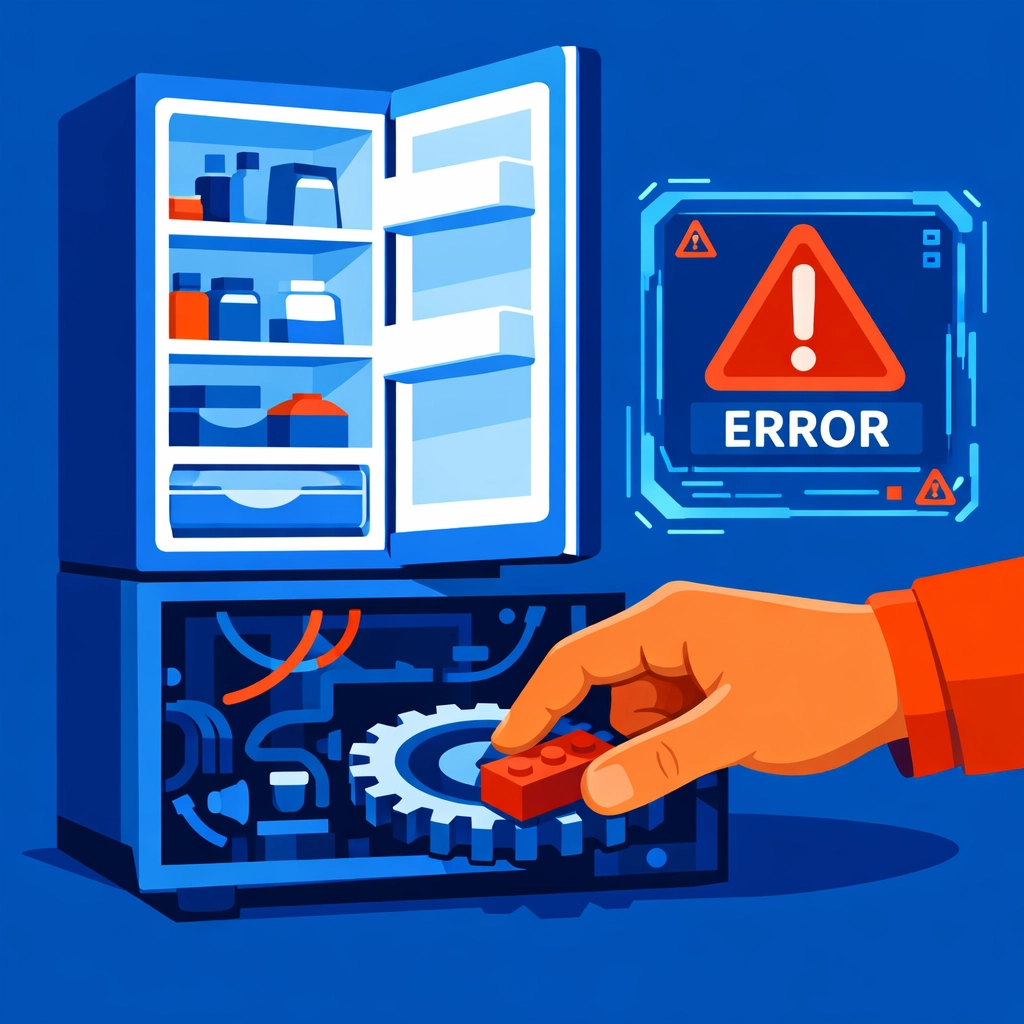 Technician manually removing a physical obstruction from a refrigerator gear to fix an error.