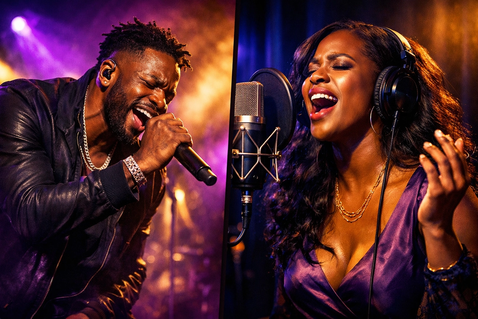 Rising R&B artists performing on stage and recording in studio representing 2026 breakthrough stars