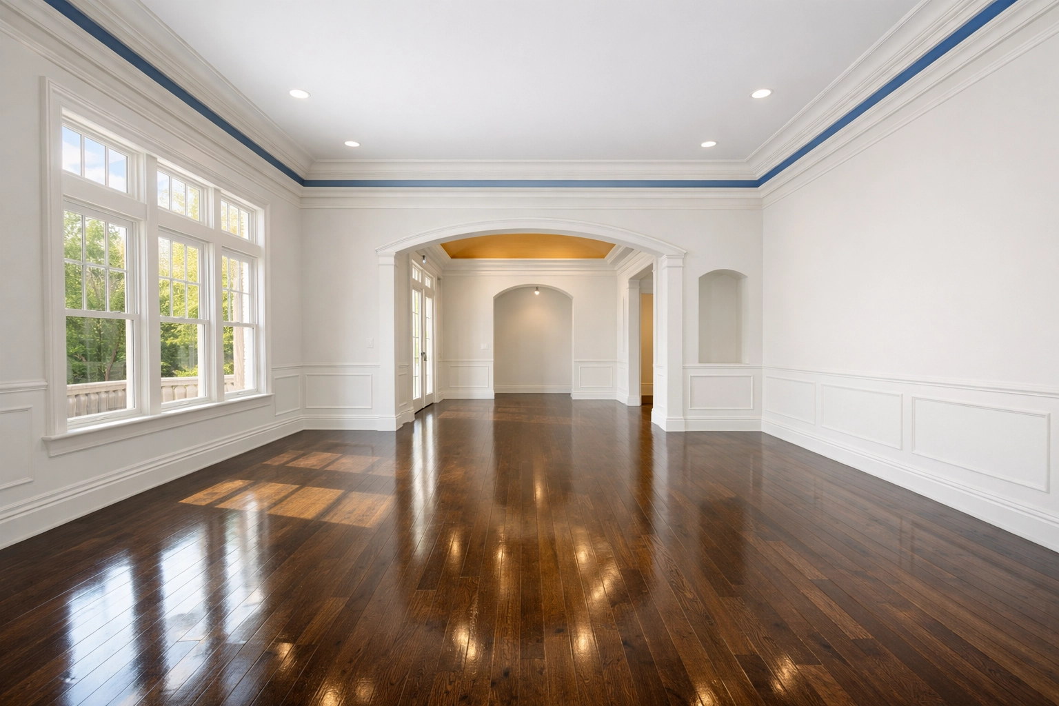 A pristine Westborough living room with polished floors after a move-out deep cleaning service.
