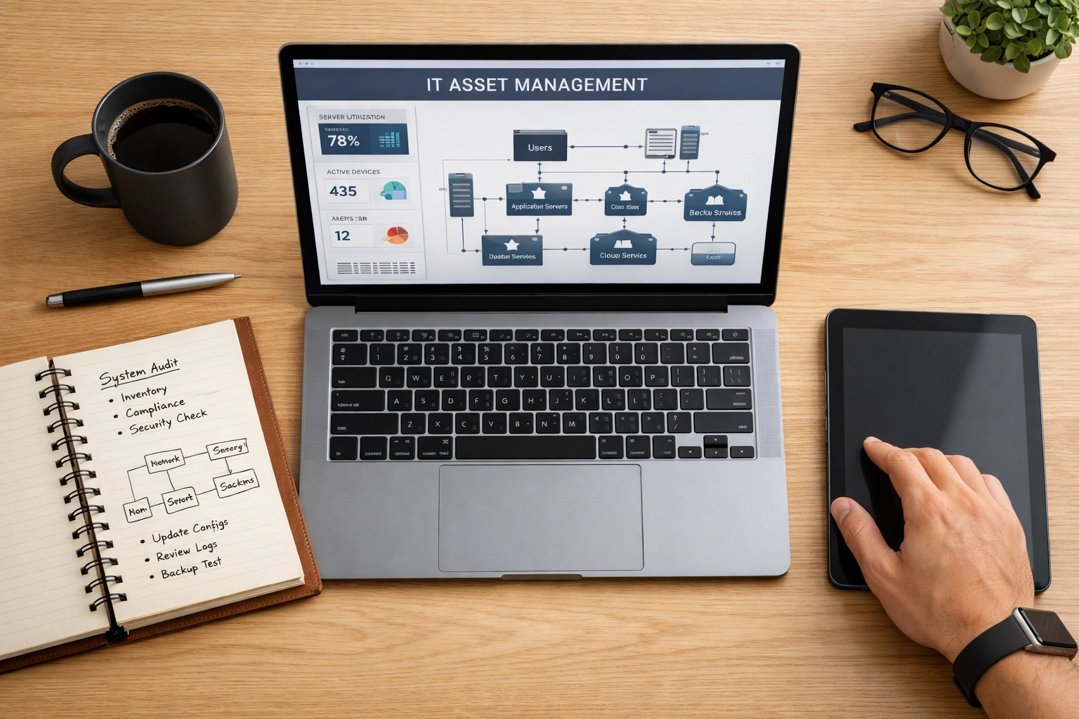 ITAM dashboard on a laptop used for optimizing software licenses and enterprise asset management.