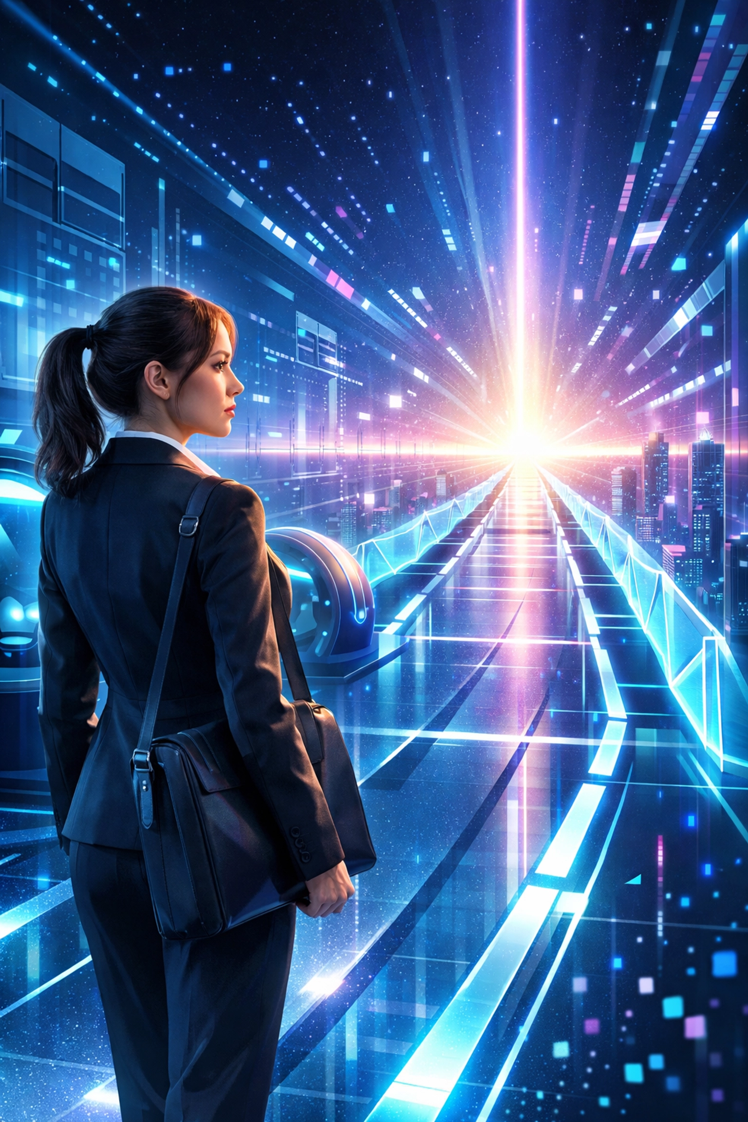 Professional woman looking toward a high-tech future, representing a Fortune 5000 career and talent funnel.