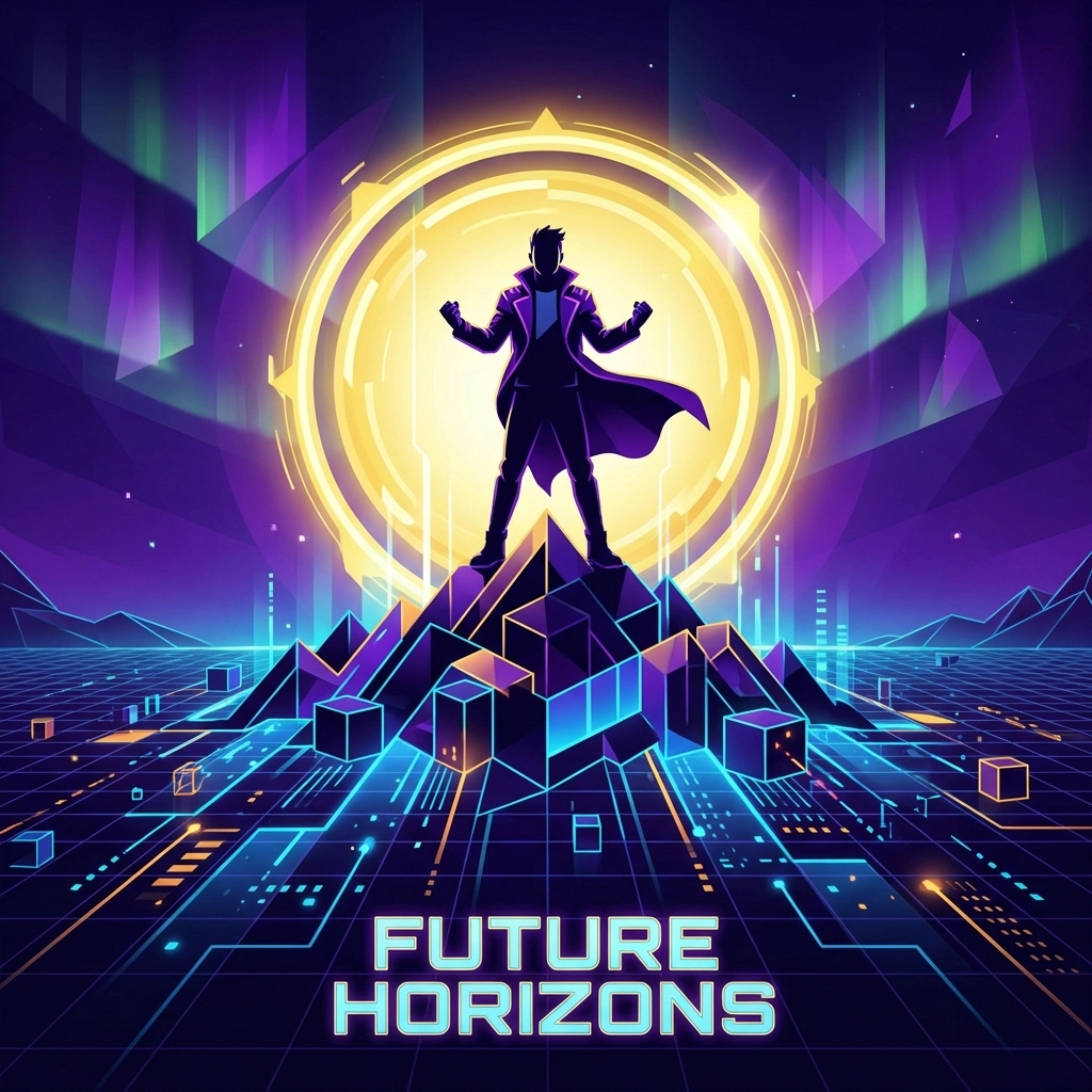 Confident entrepreneur atop a digital landscape, symbolizing success with advanced AI-driven marketing solutions